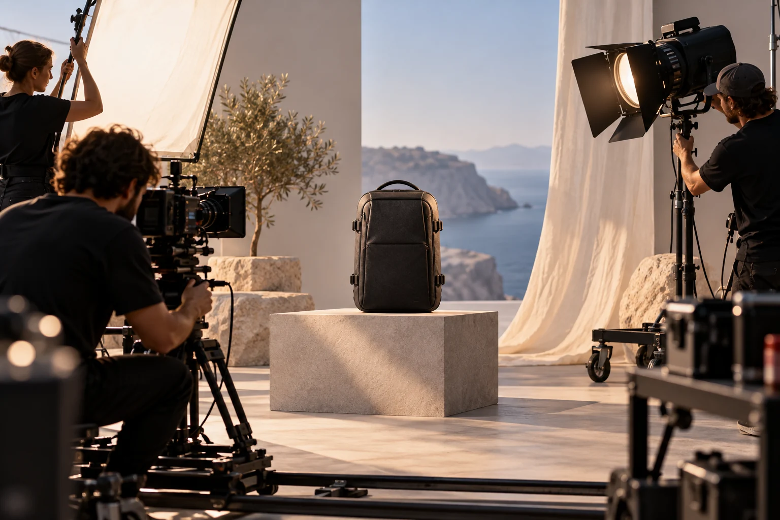 Commercial film crew preparing a precise product shot