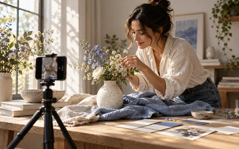 Creator filming a vase and flowers in soft window light