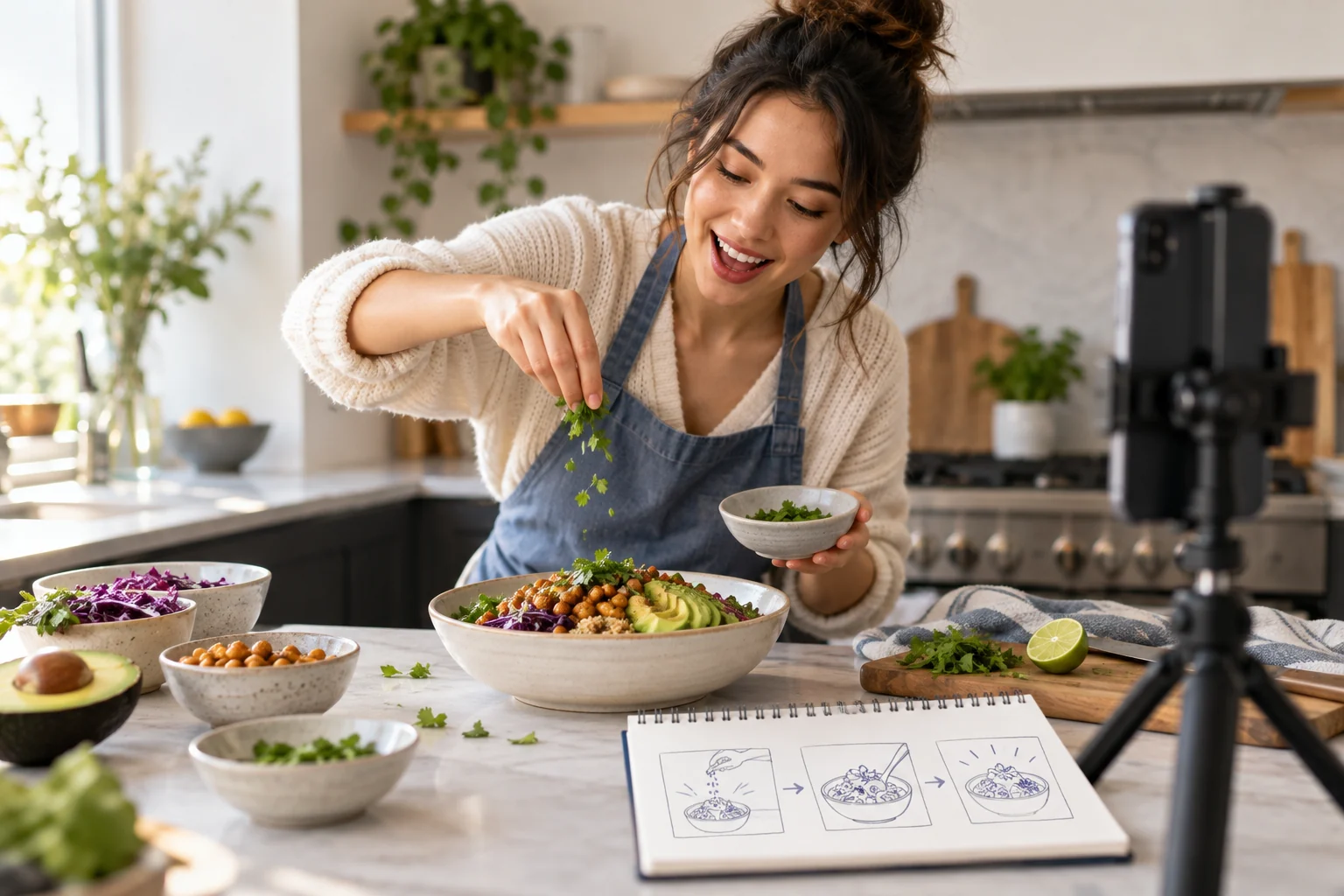 Creator recording a vertical kitchen demonstration with phone