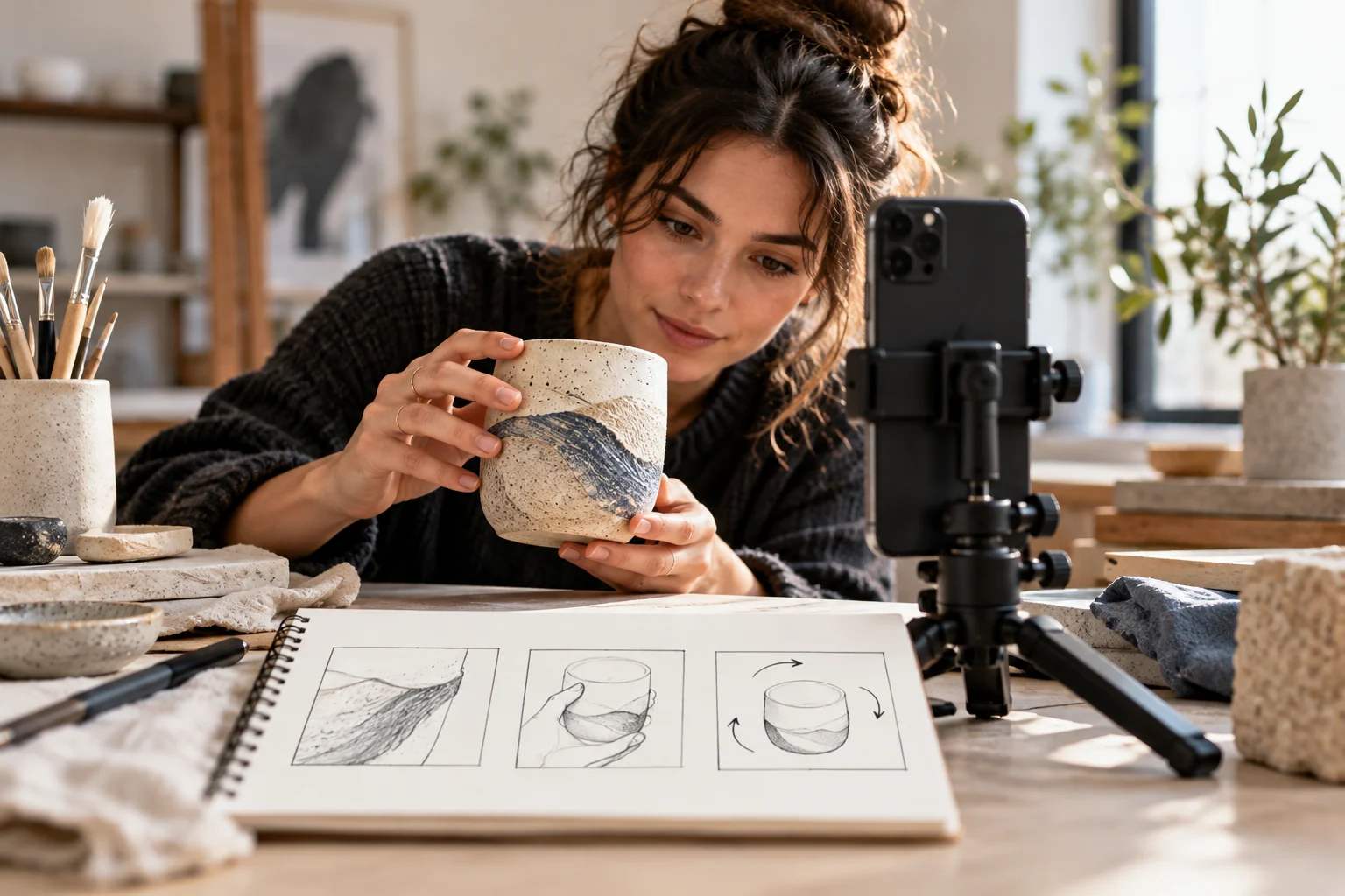 Creator filming a ceramic object for a short looping video