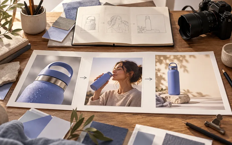 Storyboard reference showing a reusable insulated bottle