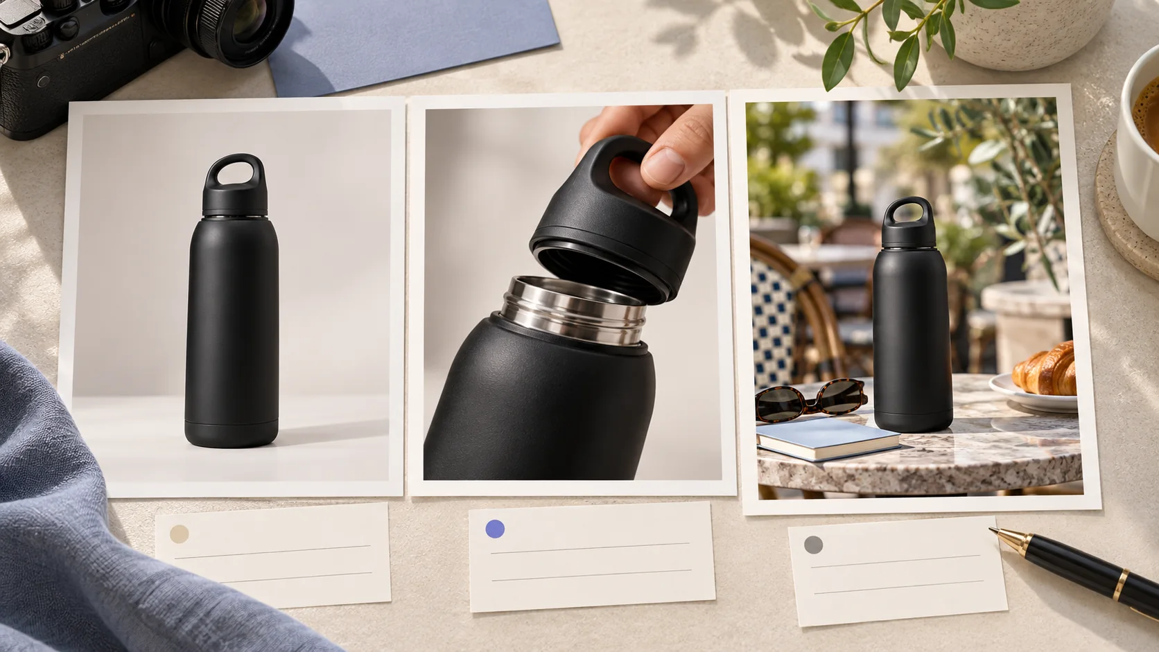 Three-frame concept storyboard of one black travel bottle in studio, detail, and lifestyle views