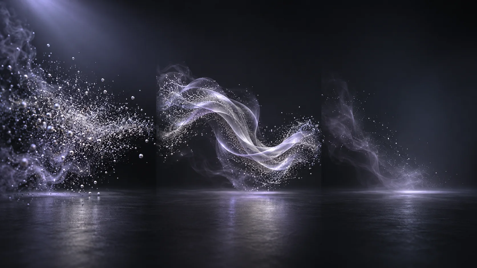 Three stages of a particle effect gathering into a translucent ribbon and dissolving