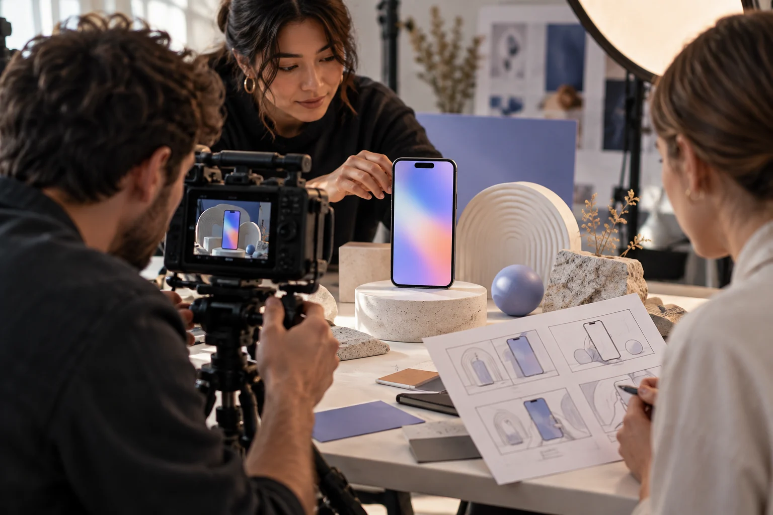 Team filming an unbranded phone with abstract screen and storyboard