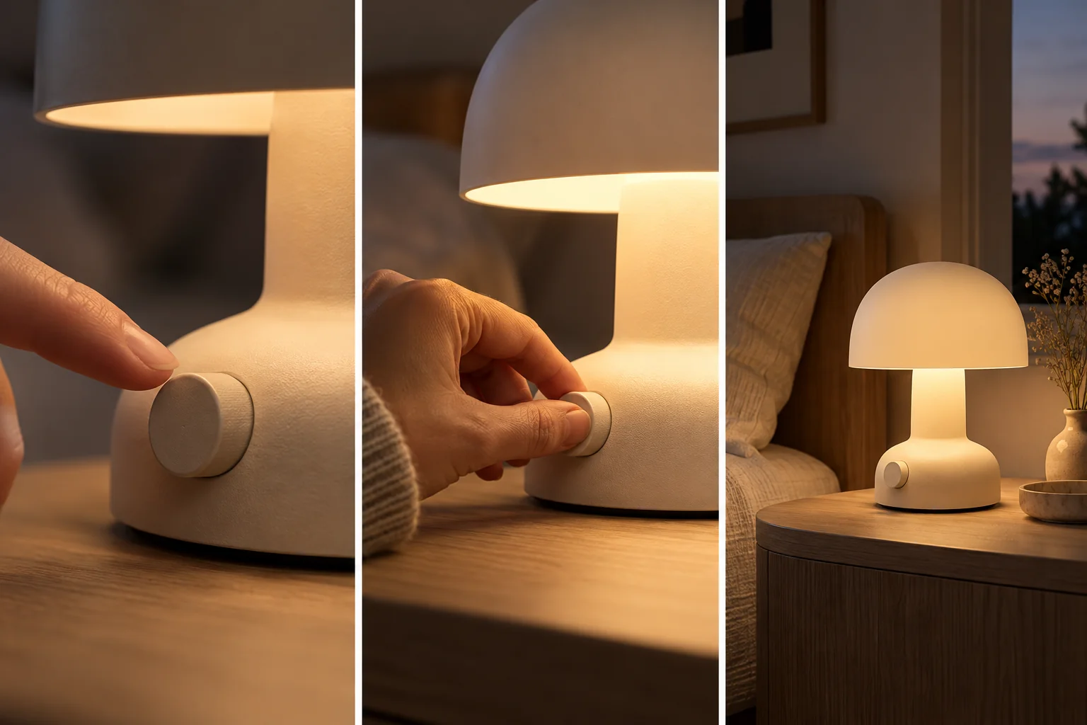 Three shot concepts of an unbranded ivory lamp: control dial close-up, hand turning the dial and full bedside view