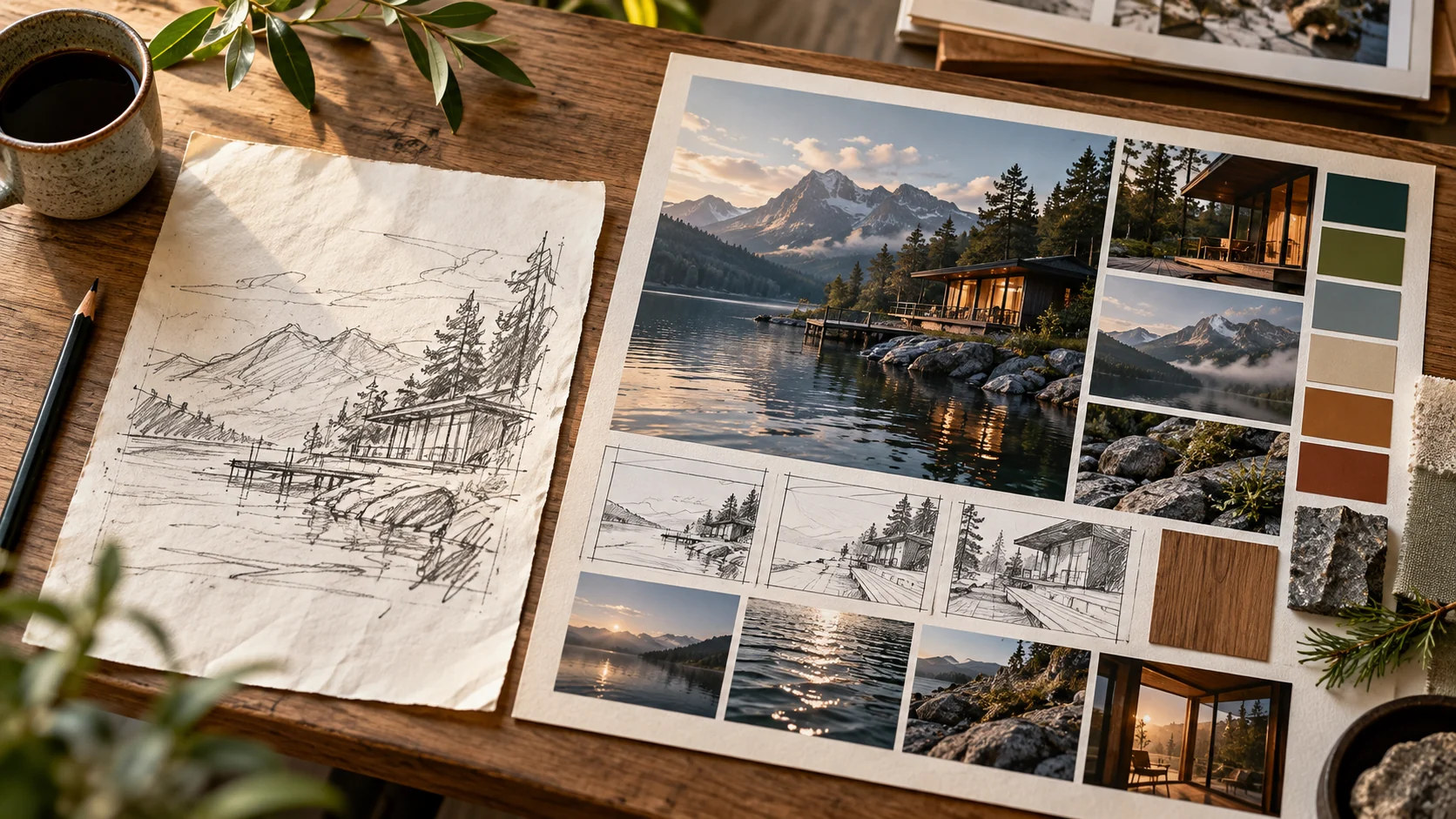 Rough scene sketch beside a detailed visual production brief