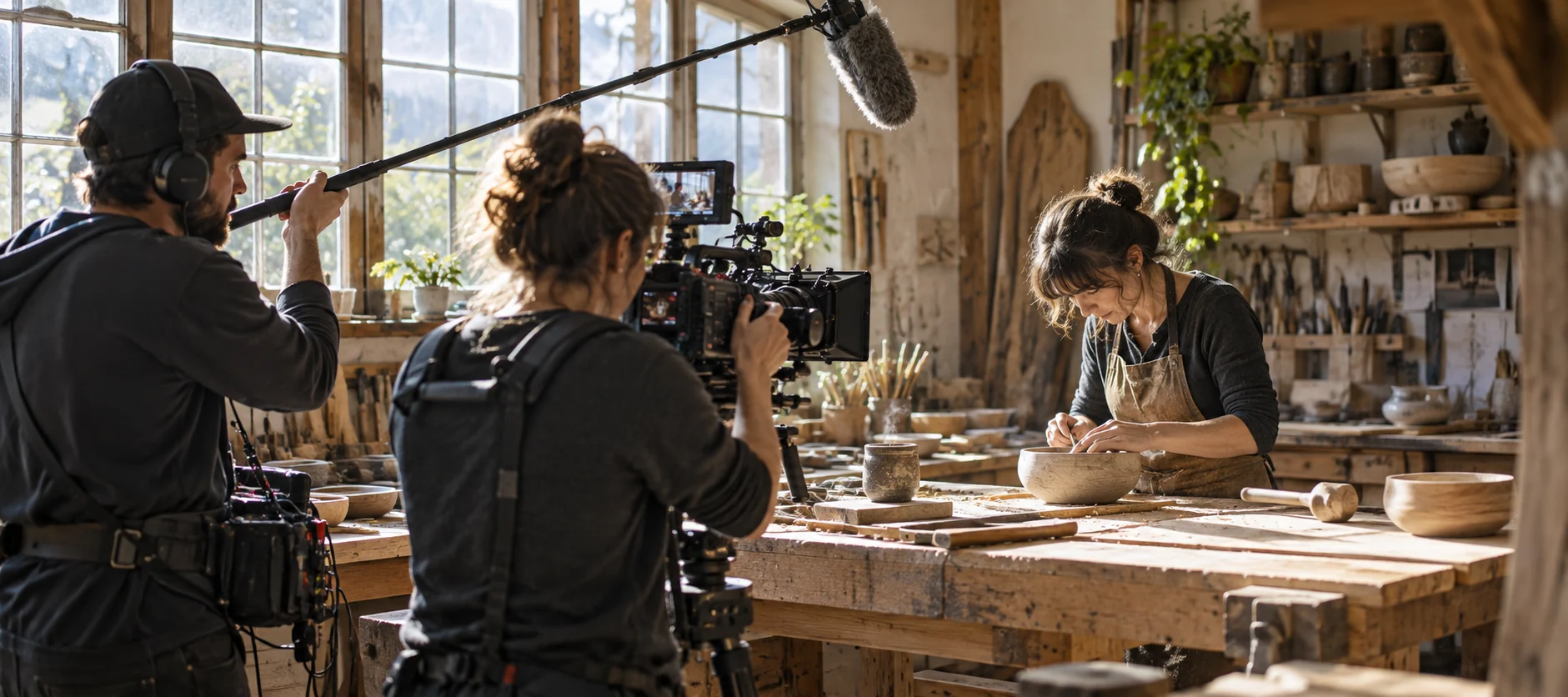 Documentary crew filming a craftsperson in a workshop