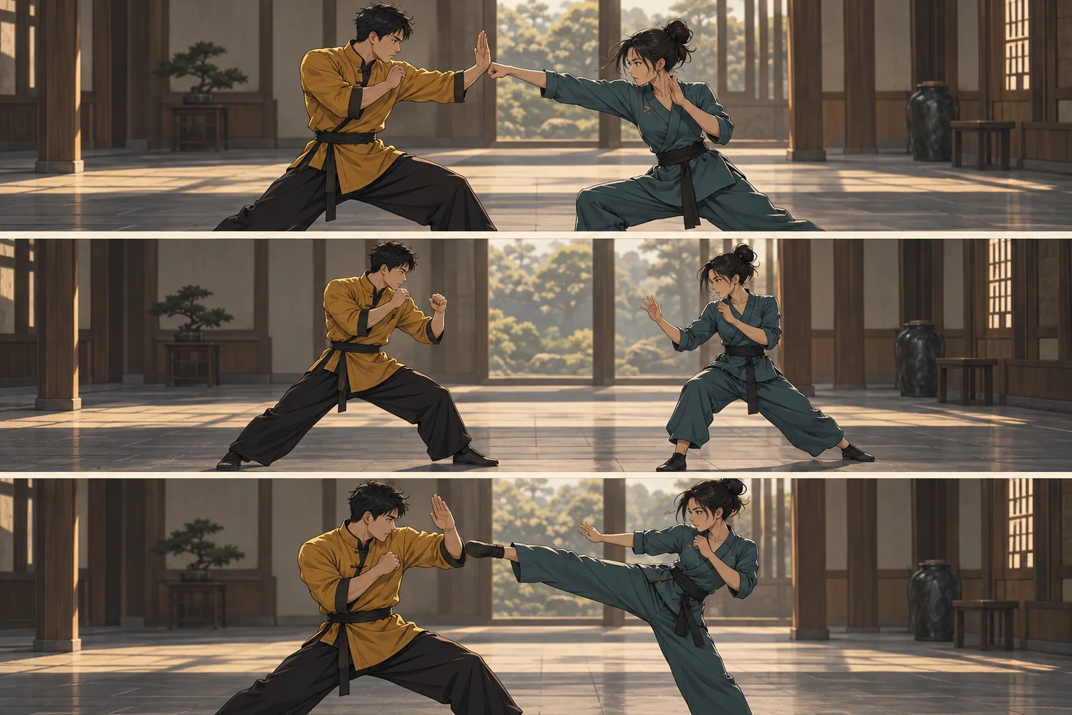 Three consecutive training-hall poses with the same two original characters and clothing