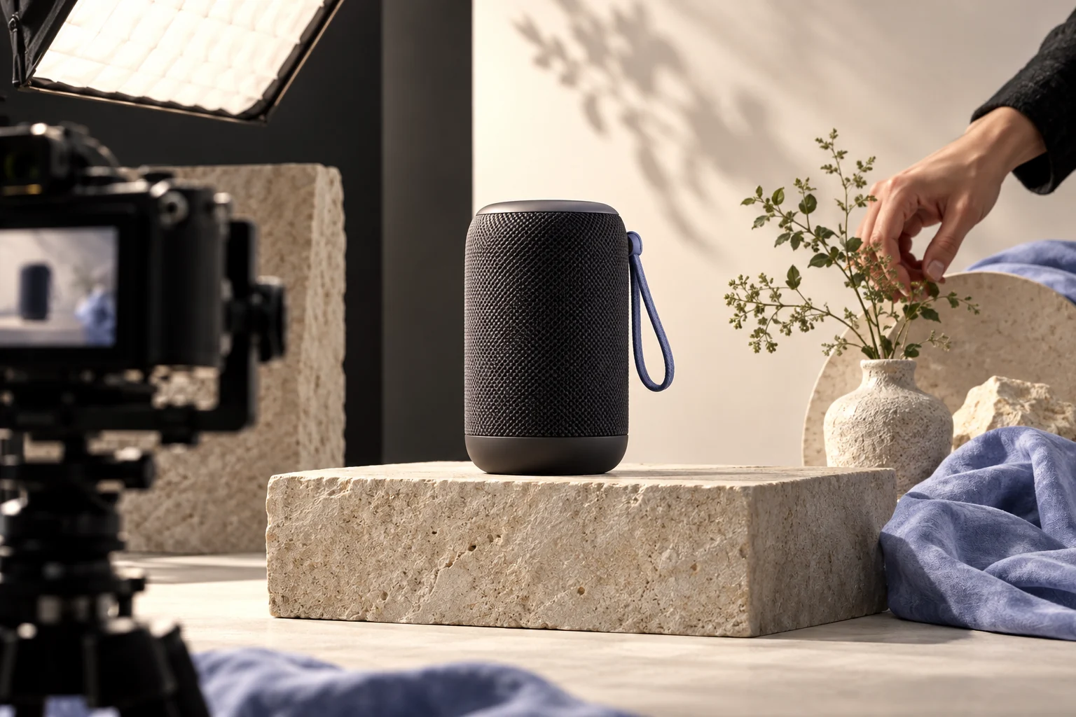Unbranded portable speaker on a commercial film set