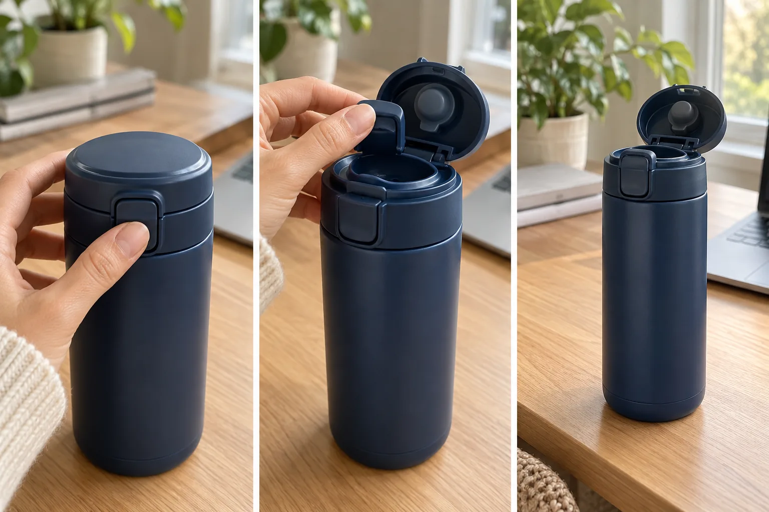 Three-frame reference showing the lid of a travel mug opening