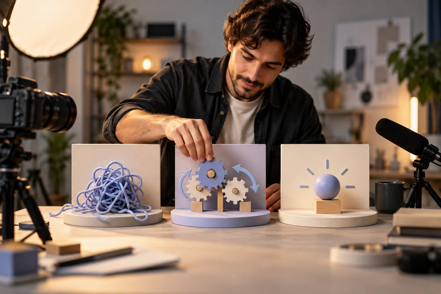 Tabletop scenes arranged to show problem, solution and result