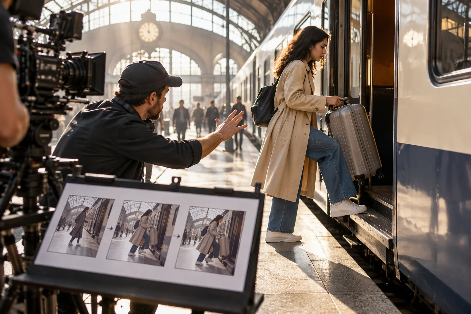 Filmmaker blocking a traveler's movement through a station