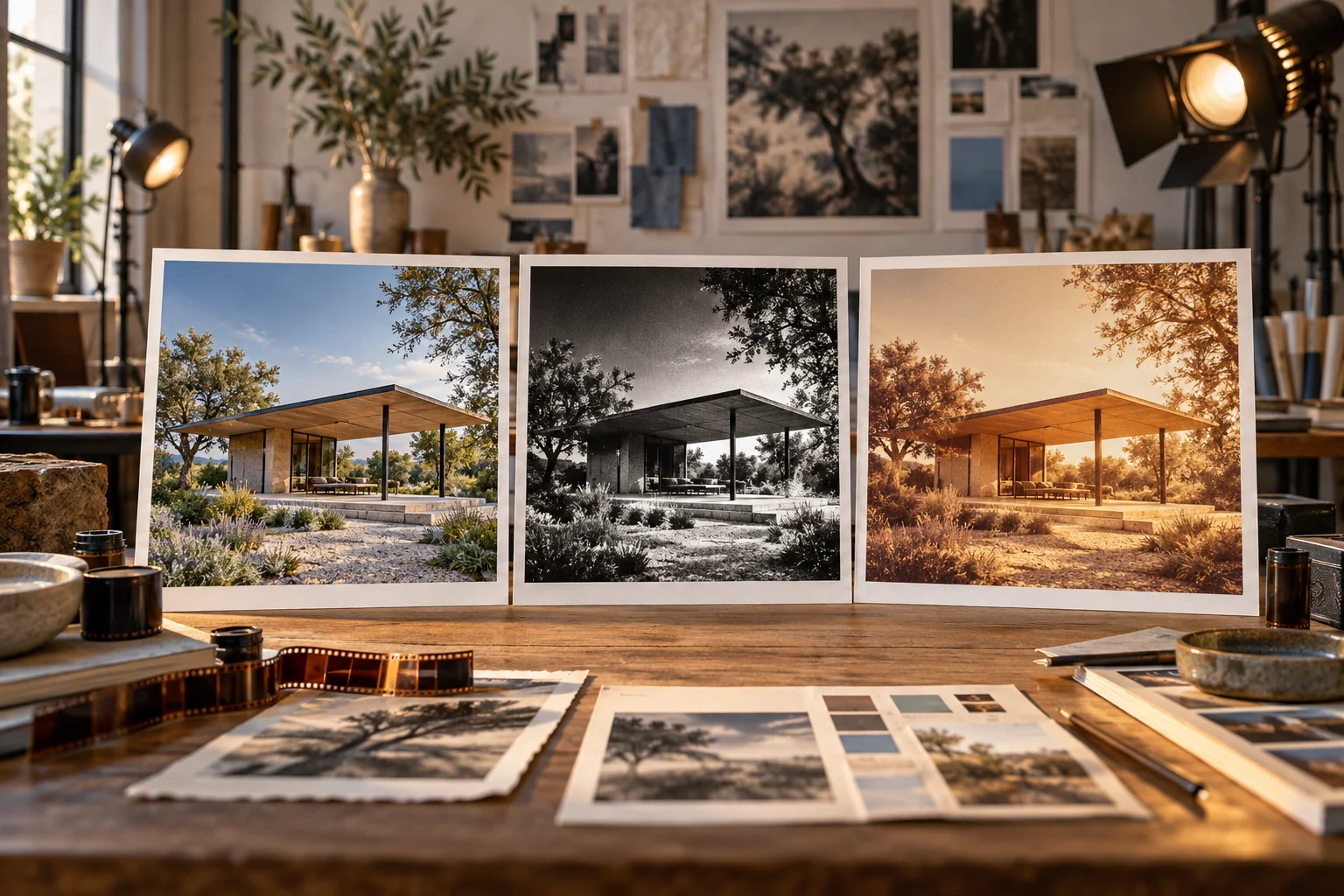 Three visual treatments of an original pavilion arranged as film prints