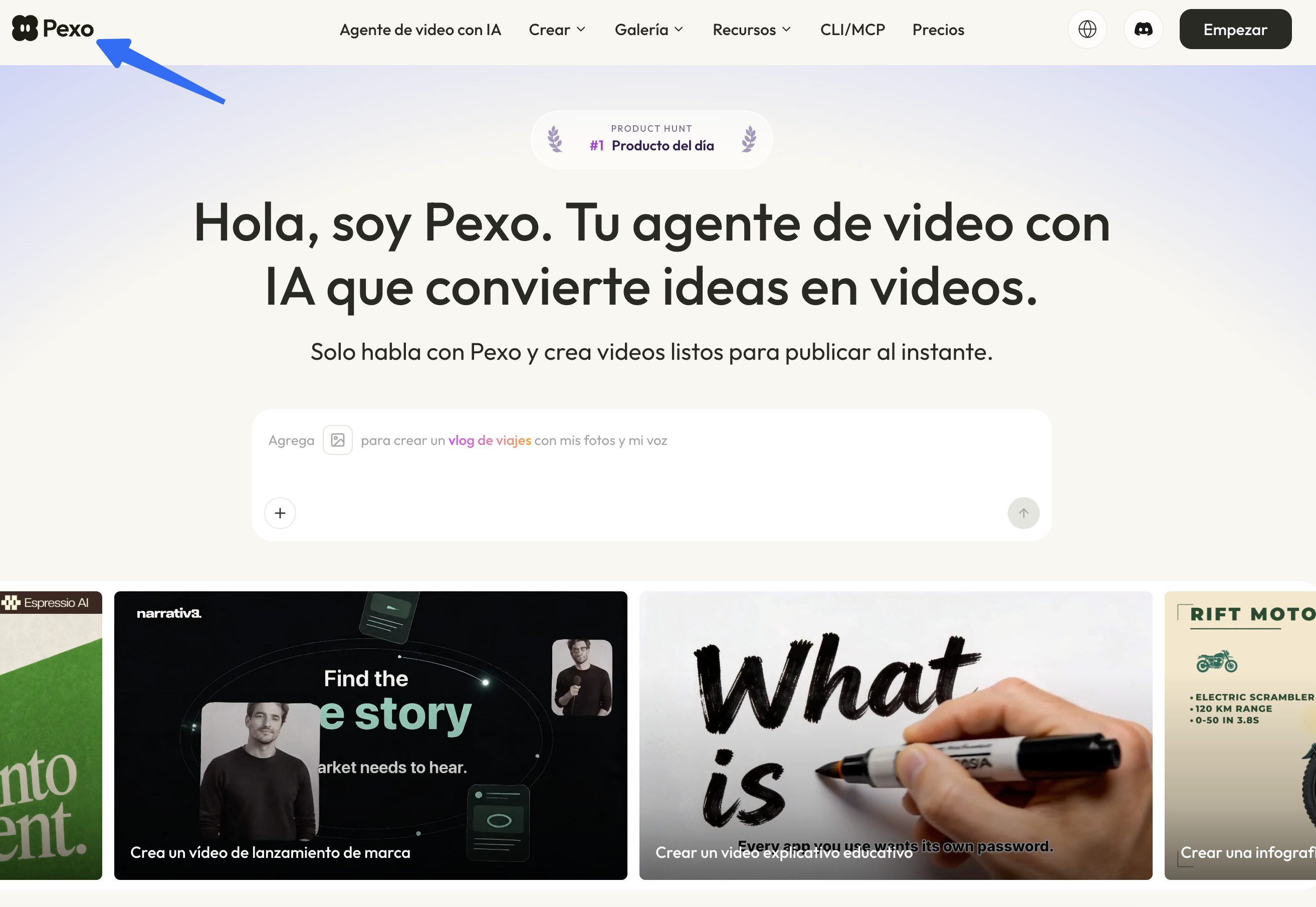 Pexo Spanish homepage introducing its conversational AI video agent