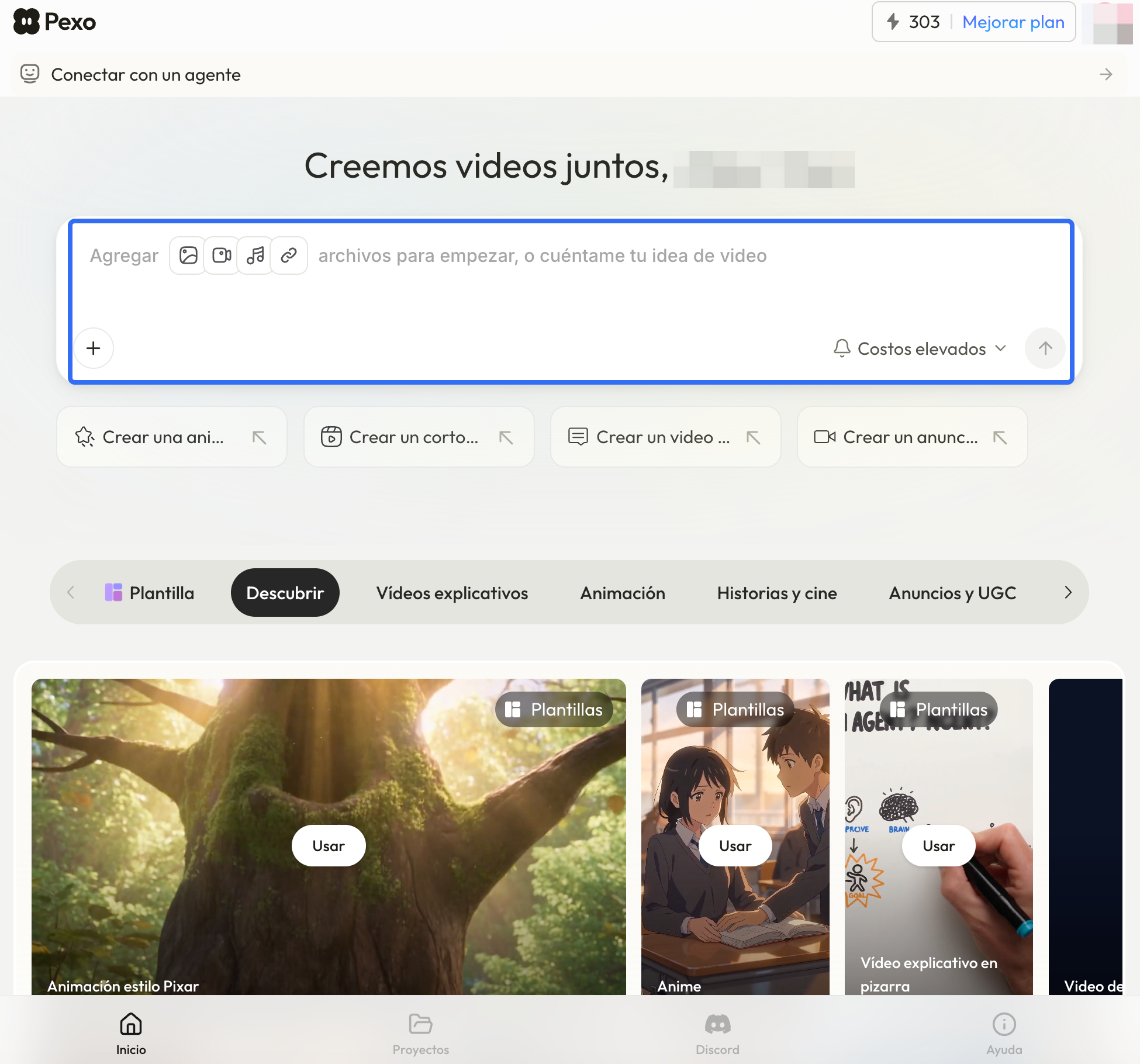 Pexo Spanish video creation workspace highlighting its prompt and media upload area