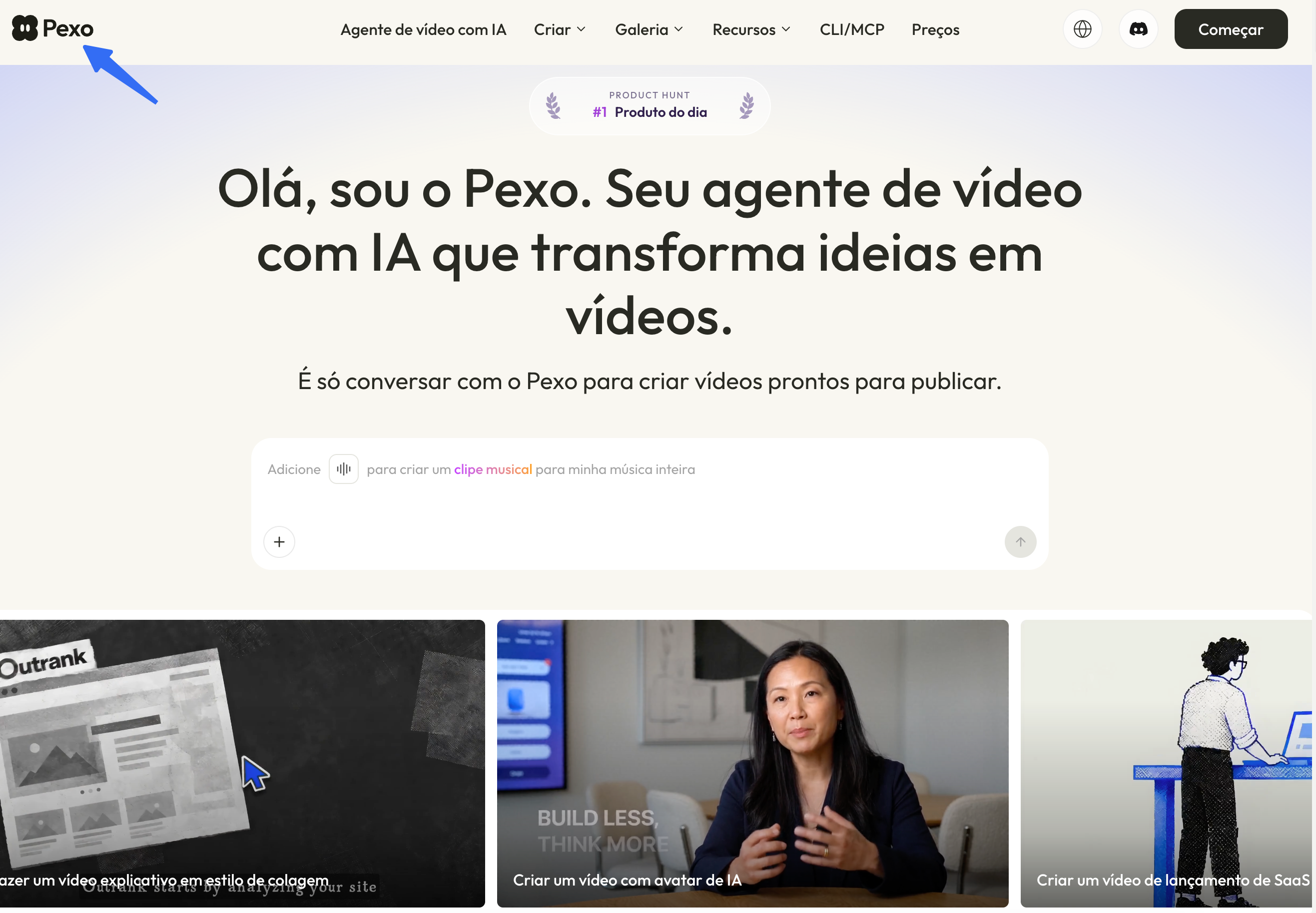 Pexo Portuguese homepage introducing its conversational AI video agent