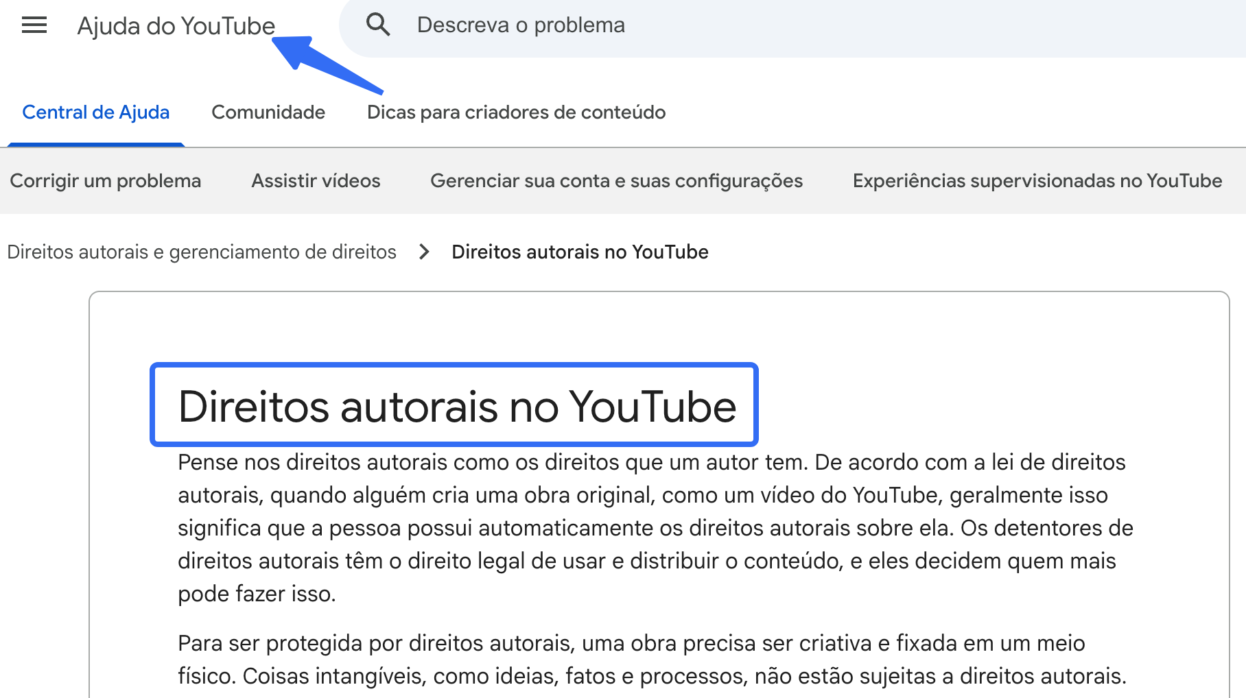 YouTube Help page in Portuguese explaining copyright