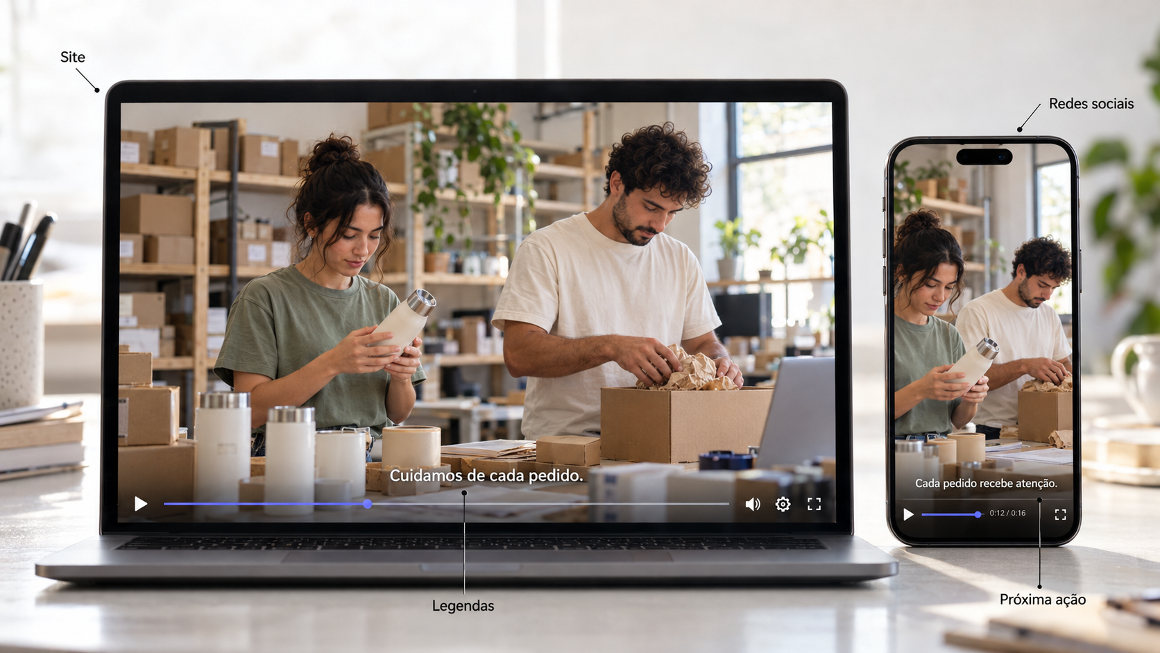 Illustrative company video shown on a laptop and phone with Portuguese captions and placement labels