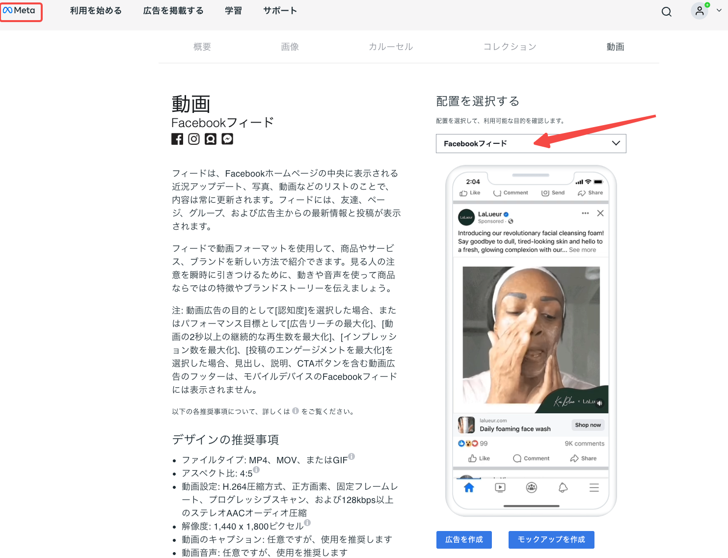 Meta Japanese video ad guide with Facebook Feed selected and a mobile ad preview