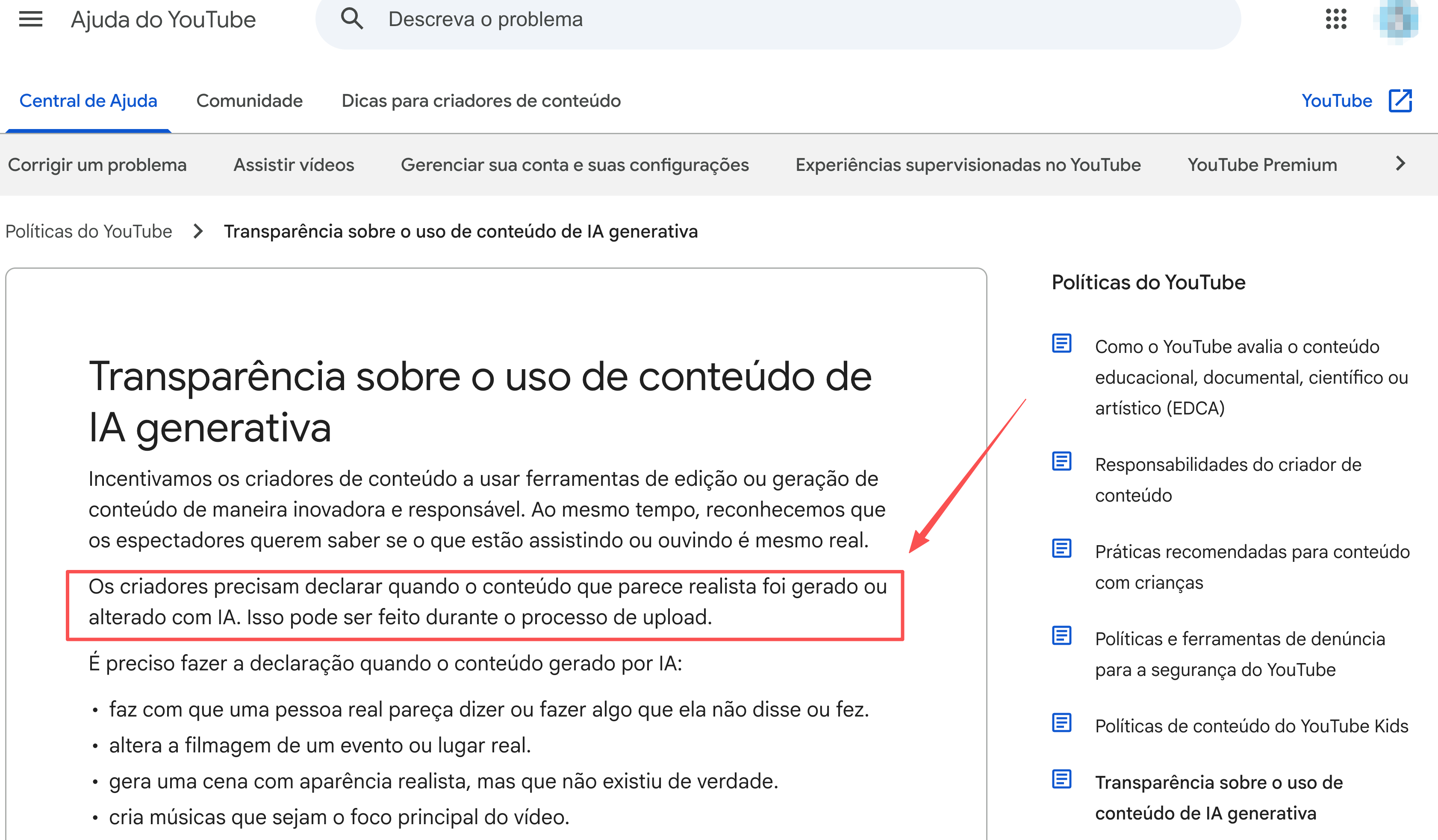 Captura da Central de Ajuda do YouTube sobre declarar cenas realistas geradas ou alteradas com IA
