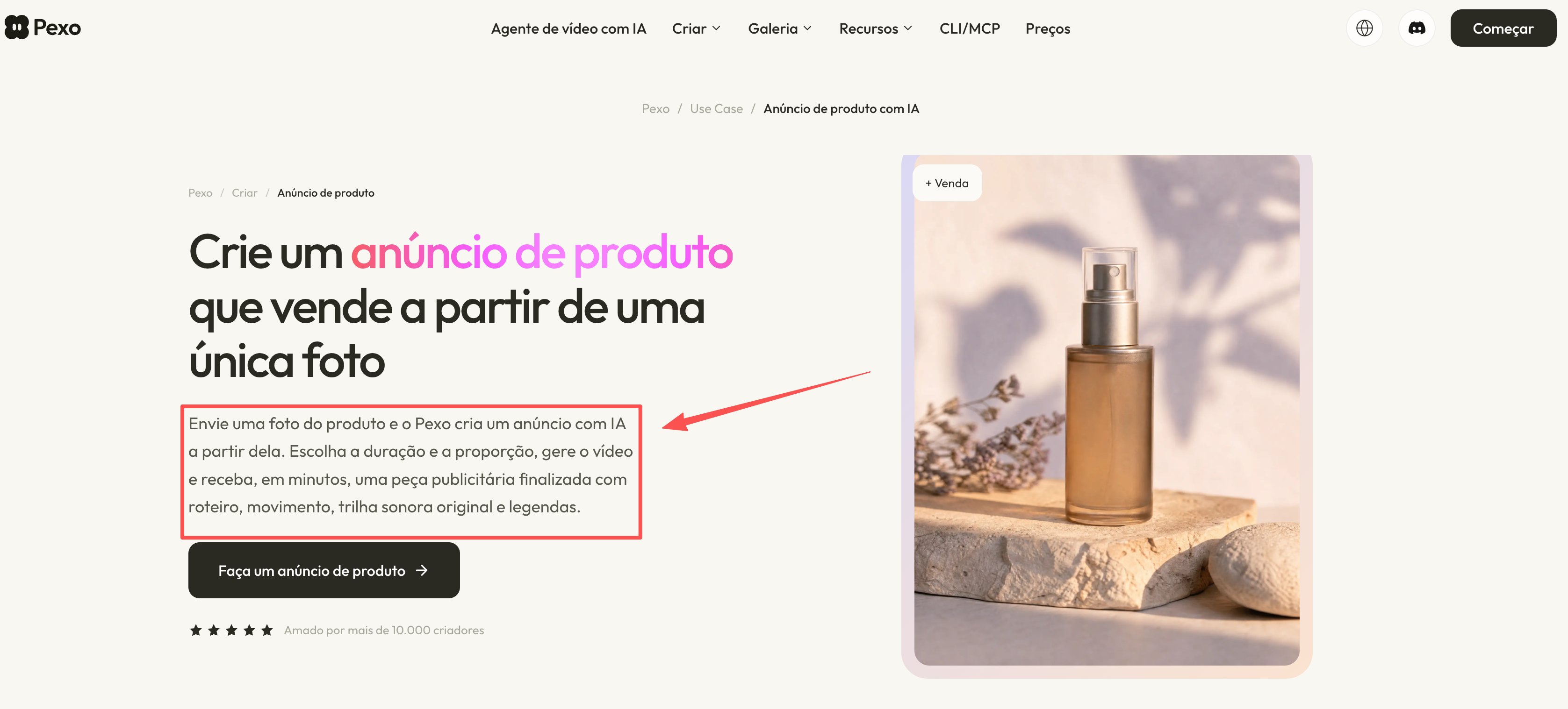 Captura da página de anúncio de produto com IA do Pexo, com uma cena de produto em destaque