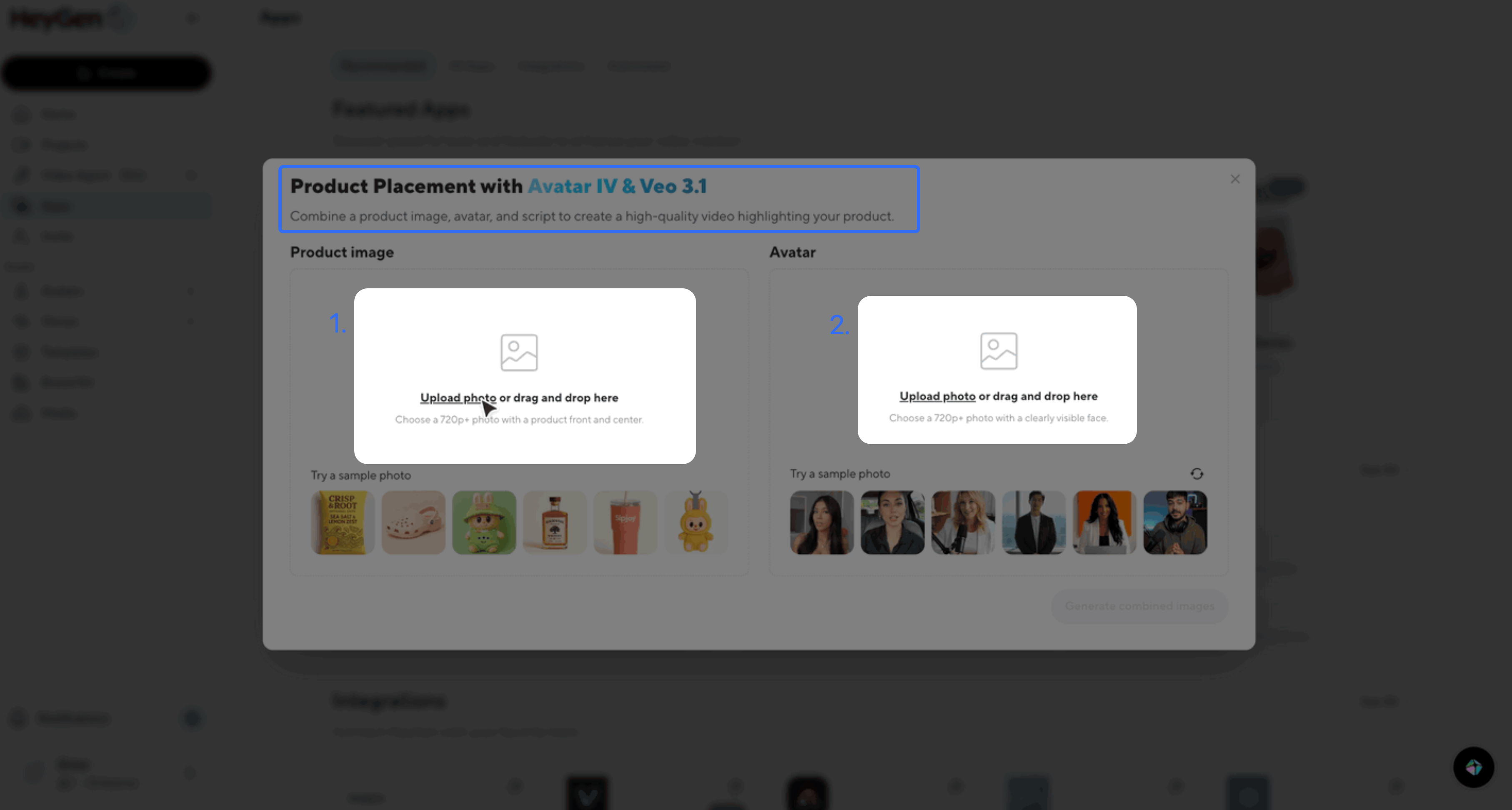HeyGen Product Placement screen for uploading a product image and selecting an avatar