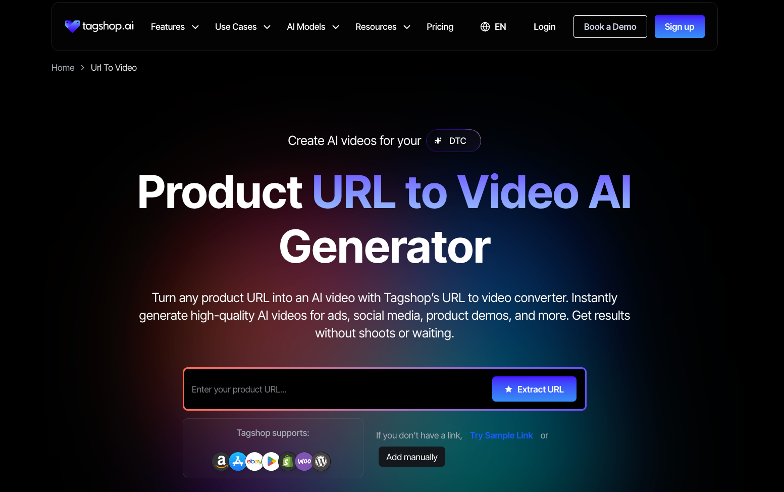 Tagshop AI URL-to-video page showing a product URL input and manual addition option