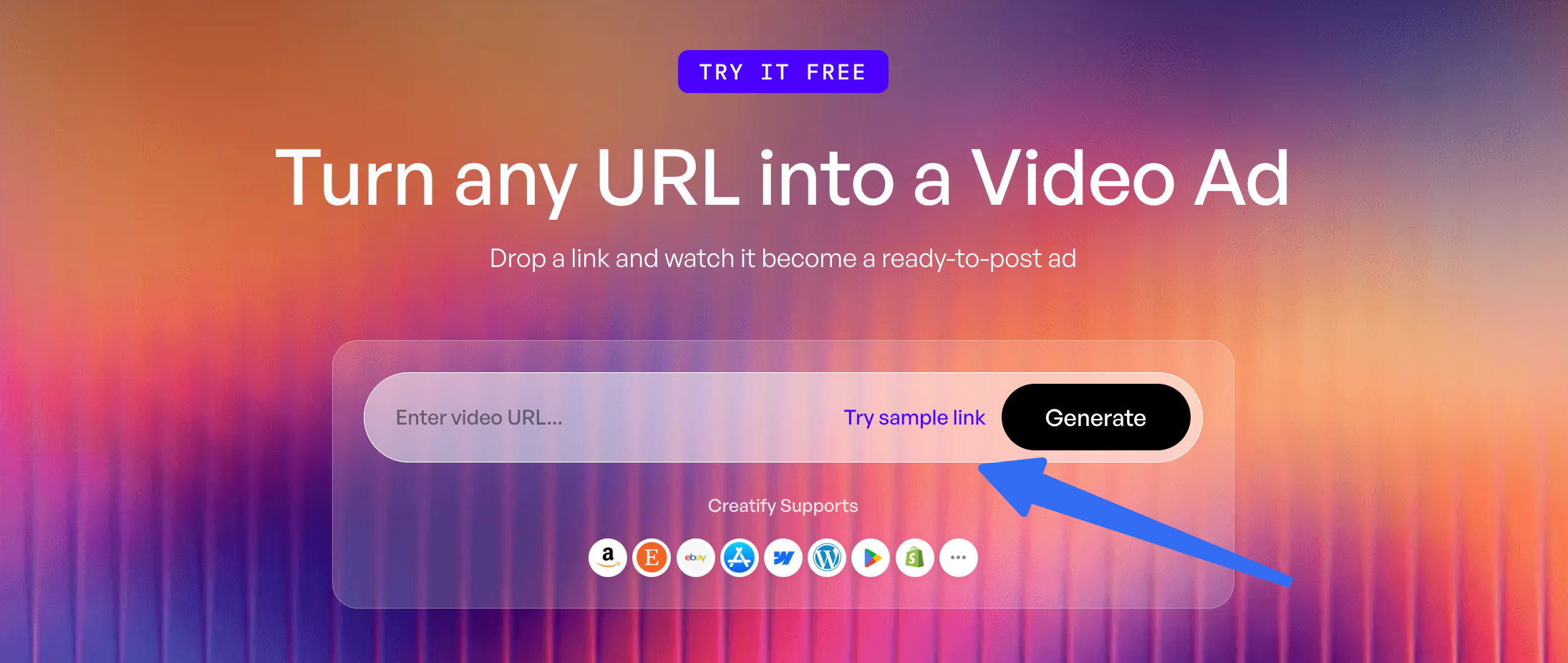 Creatify webpage showing the URL input used to generate a video ad