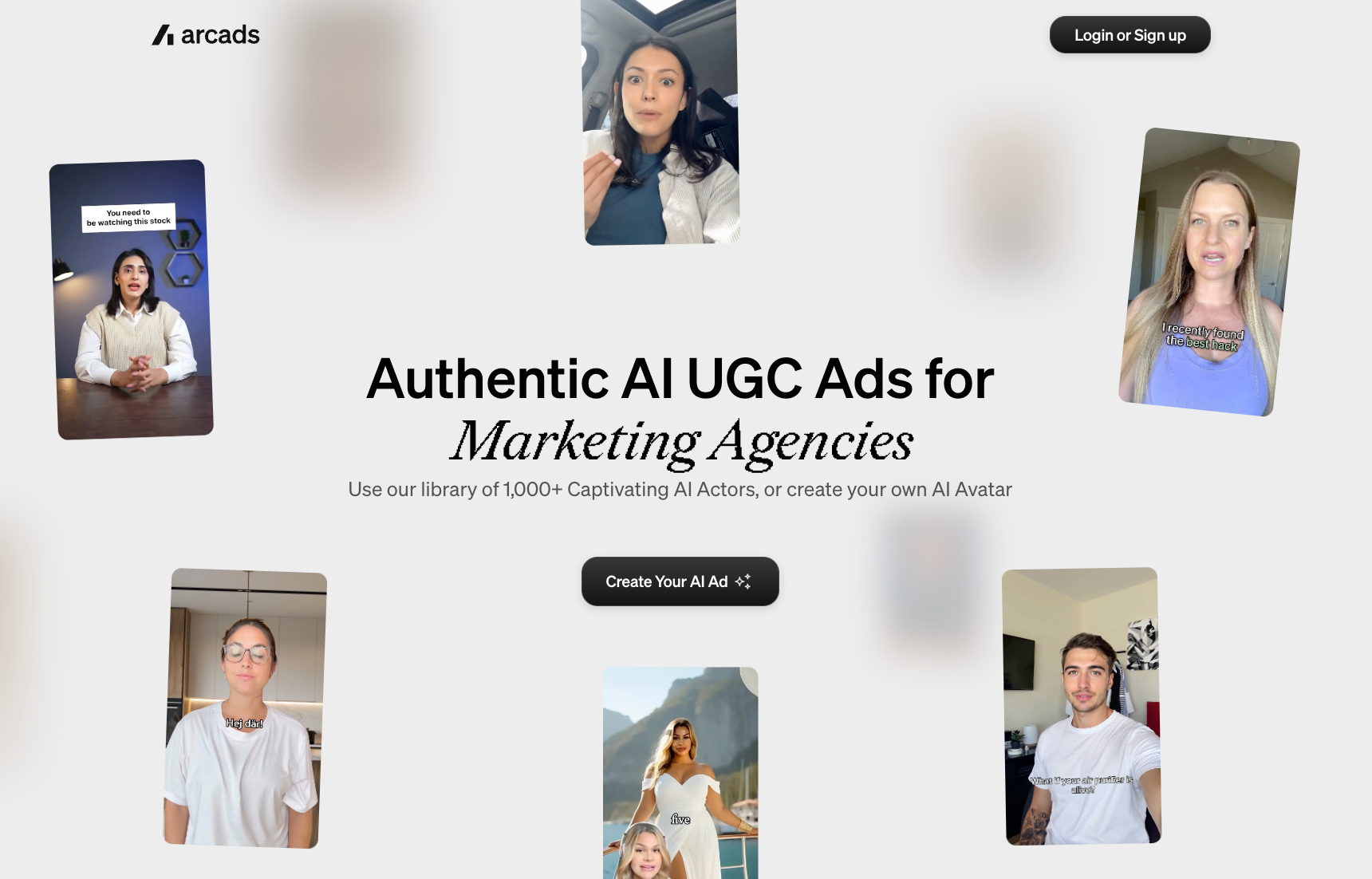 Arcads homepage showing sample actor-led AI UGC video ads