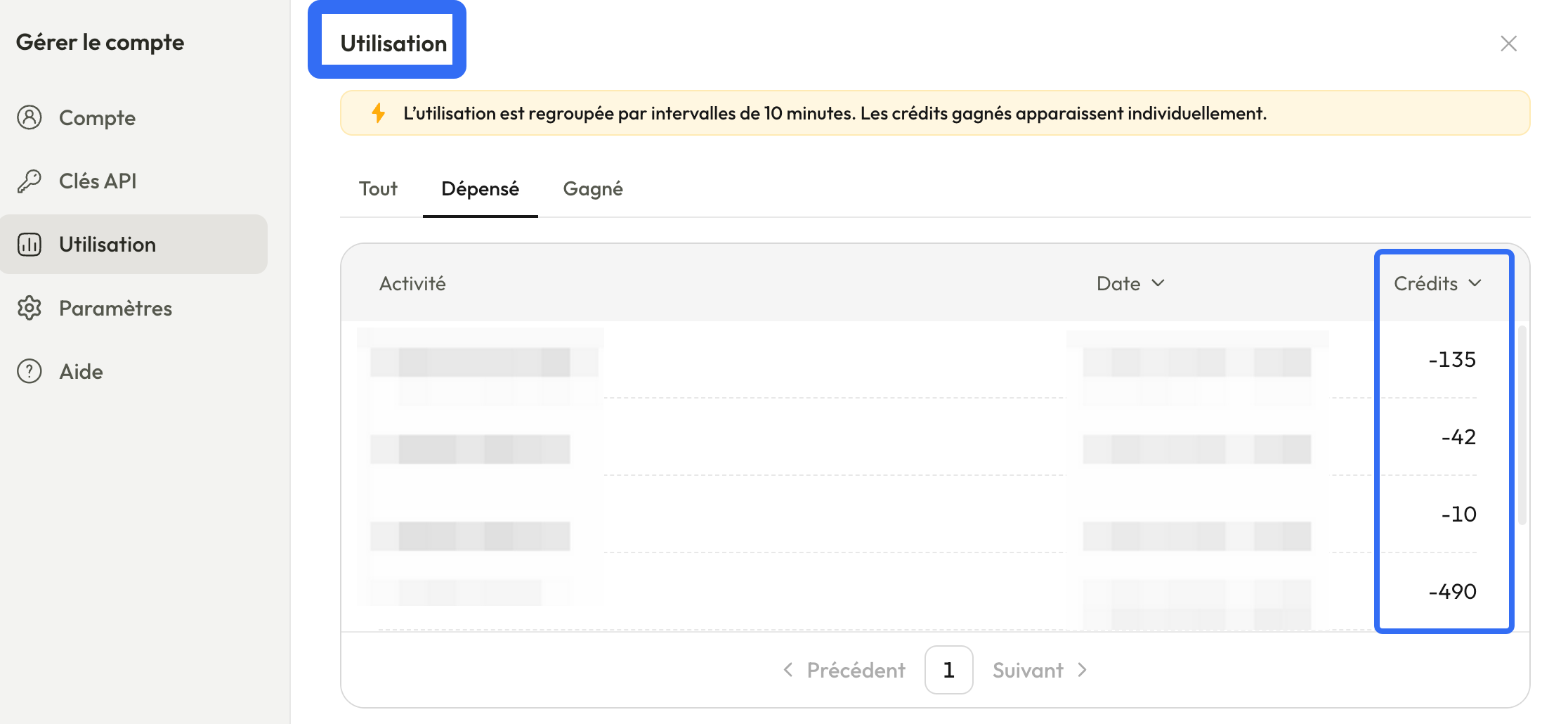 Écran d’utilisation du compte Pexo en français montrant les crédits consommés par activité.