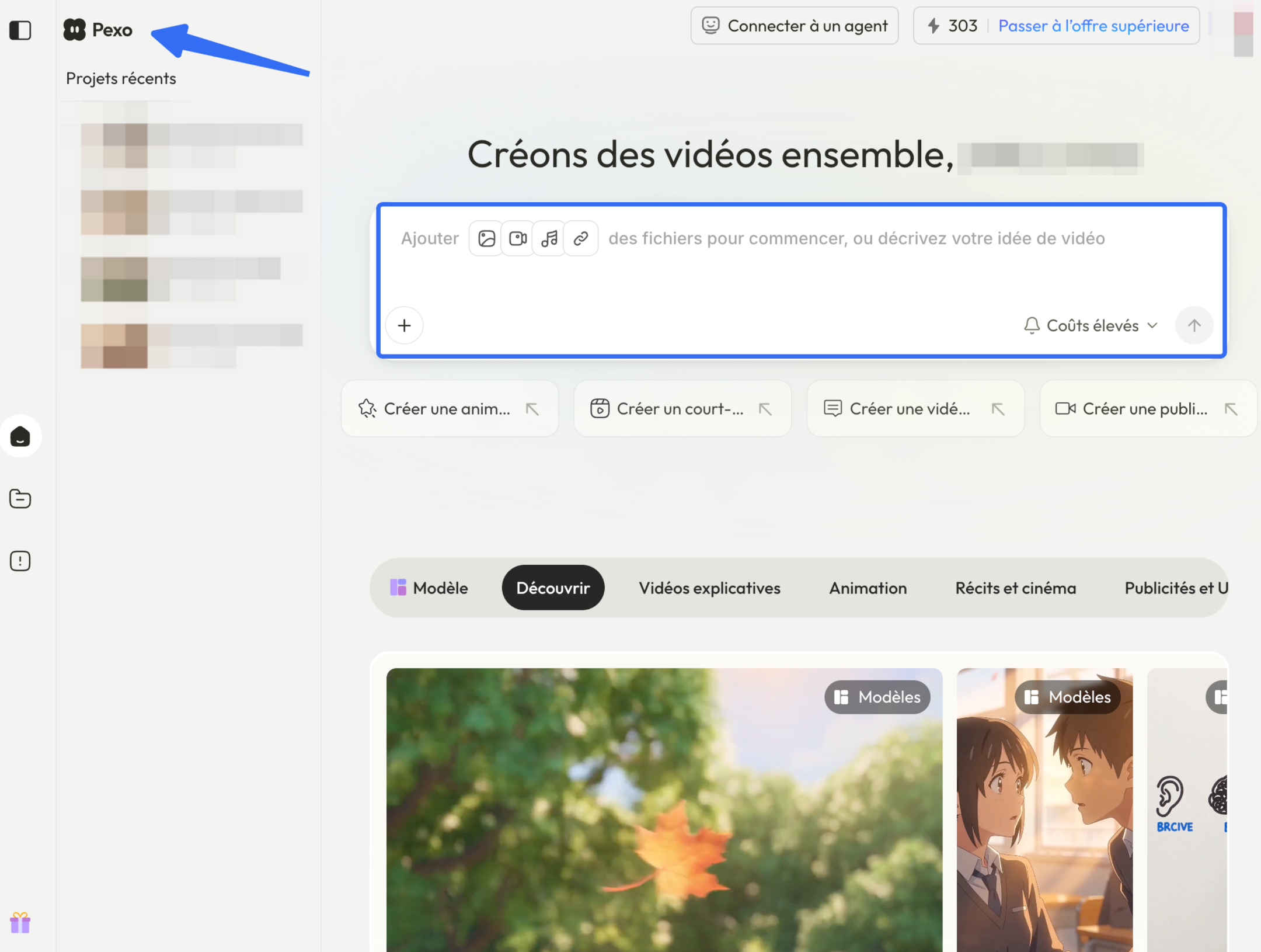 Interface de création vidéo Pexo en français avec ajout d’images, de vidéos, d’audio et de liens.