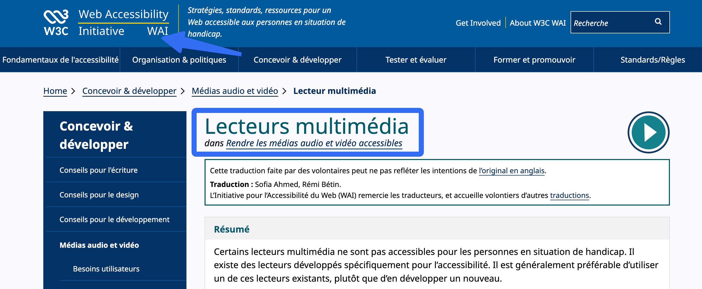 Page du W3C WAI en français consacrée aux lecteurs multimédia accessibles.