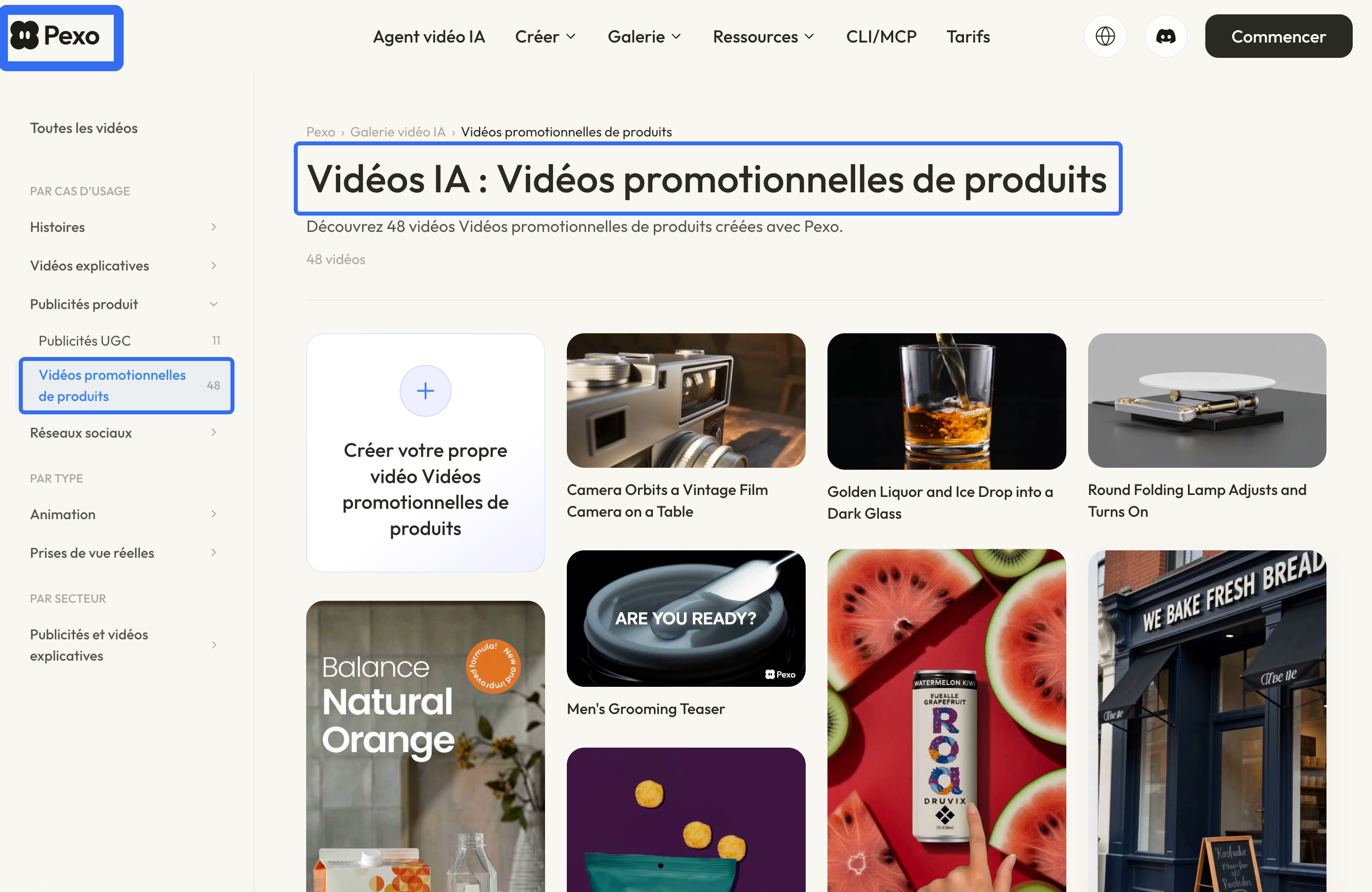 Galerie Pexo en français présentant des exemples de vidéos promotionnelles de produits.