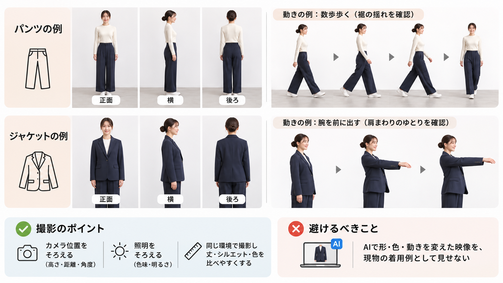 アパレルEC動画で前後・横から着用時の形と裾の動きを確認する撮影例