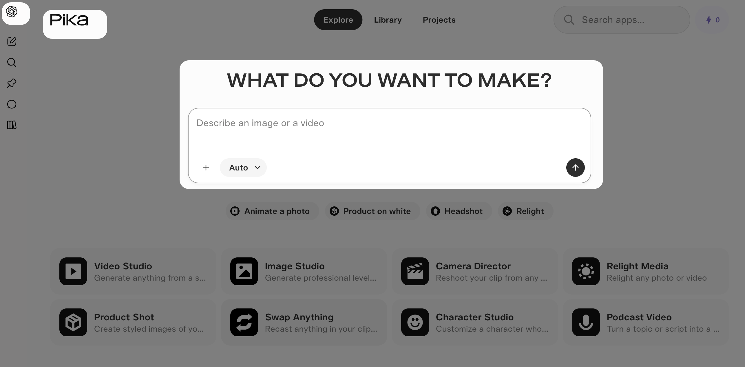 Pika creation interface in ChatGPT with a prompt input and video and image app choices