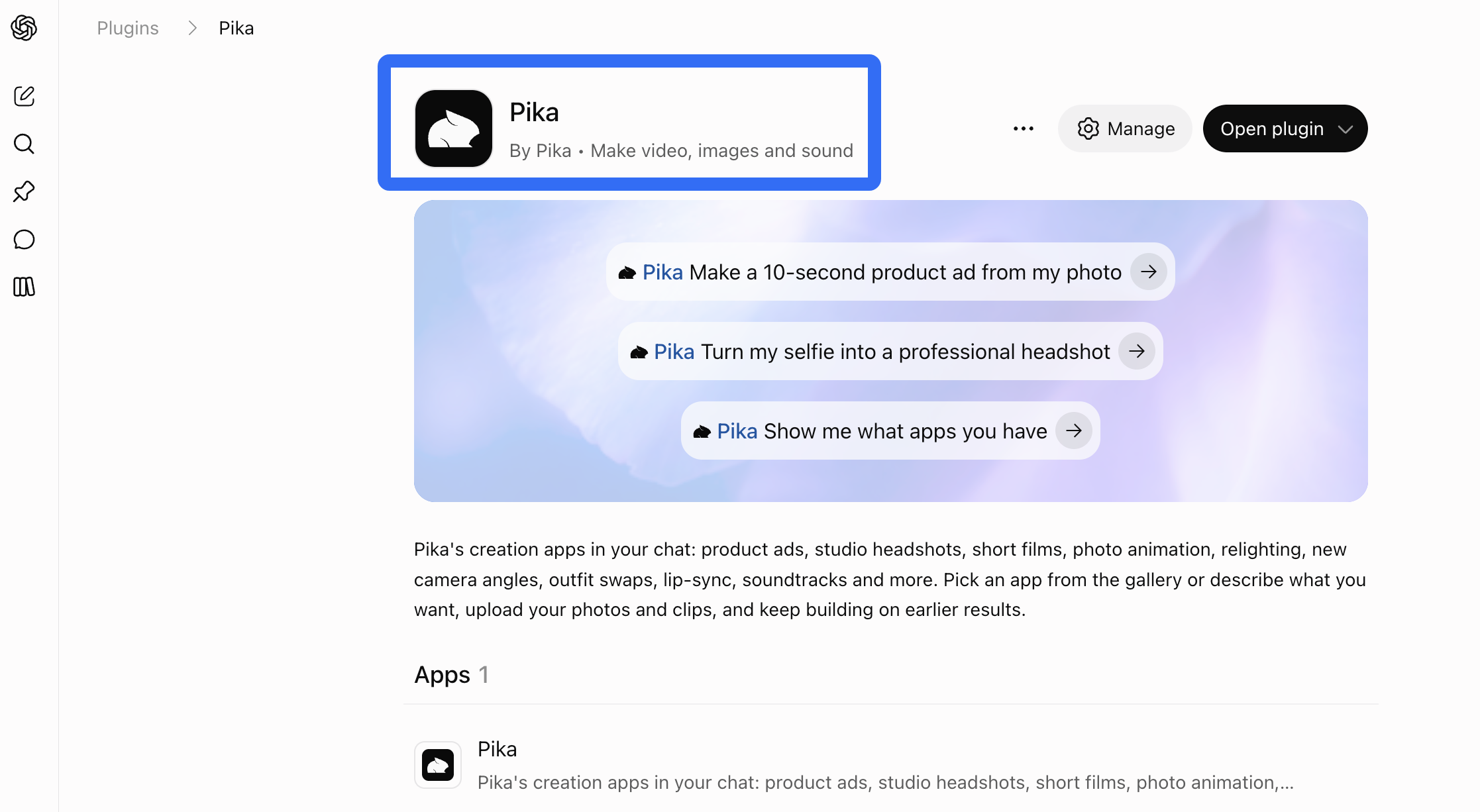 Pika plugin page in ChatGPT showing example creation requests and plugin controls