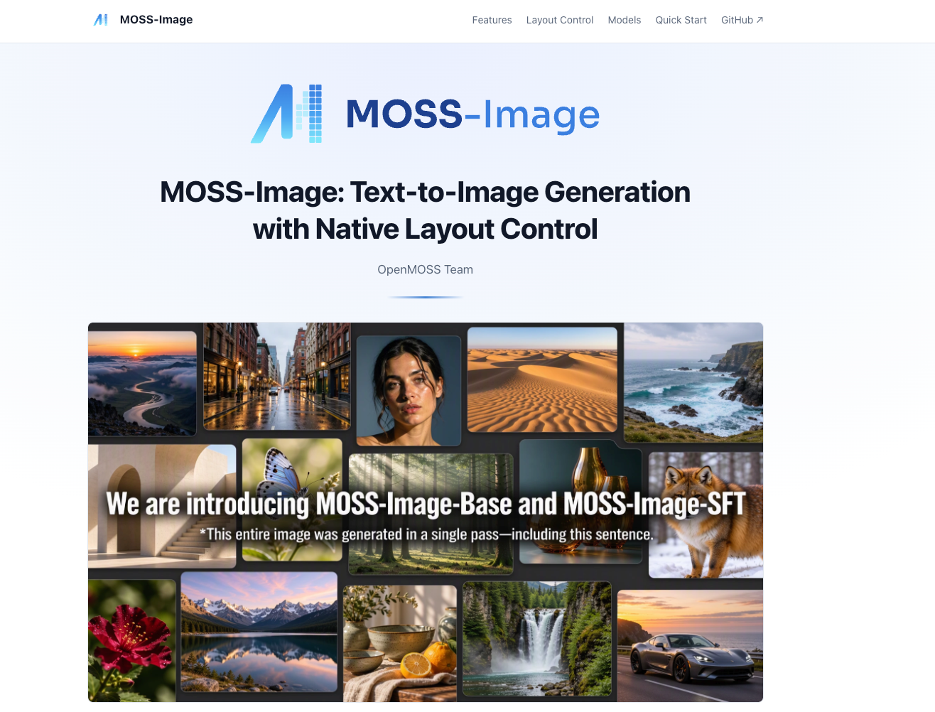 MOSS-Image homepage introducing text-to-image generation with native layout control and Base and SFT models