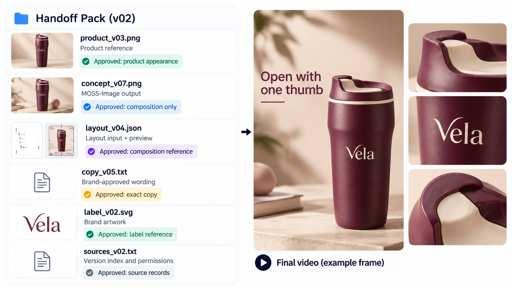 Vela handoff pack illustration listing versioned product images, layout, copy, artwork, and source records with approval roles