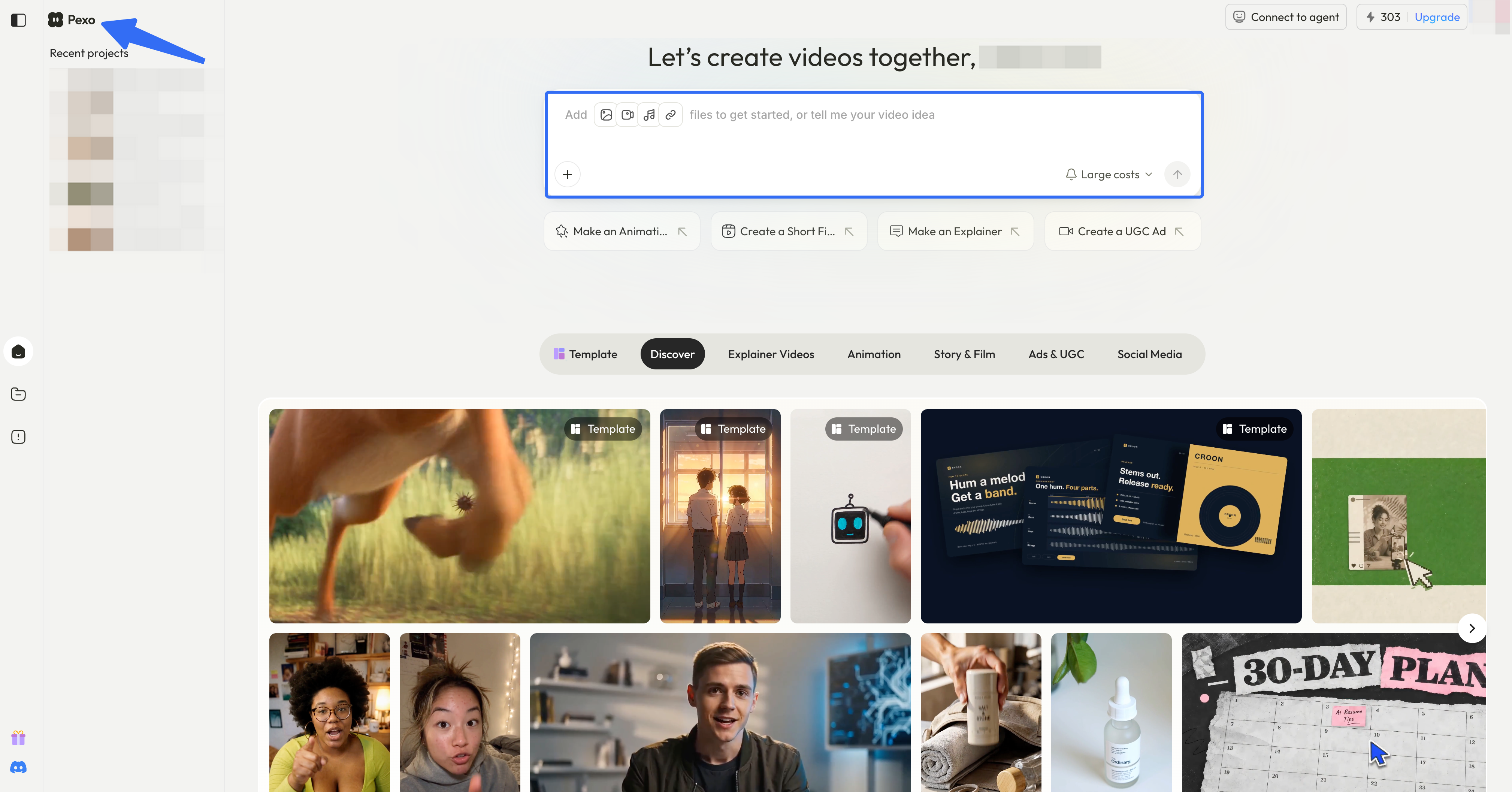 Pexo workspace with a highlighted input for adding reference files and describing a video task