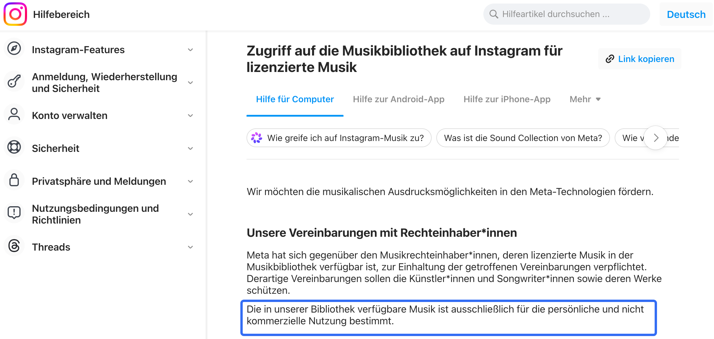 Screenshot des Instagram-Hilfebereichs zur lizenzierten Musikbibliothek mit hervorgehobener Aussage zur nicht kommerziellen Nutzung.