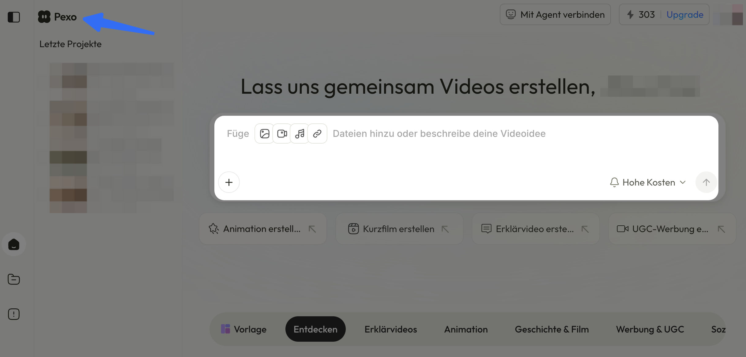 Pexo-Oberfläche mit markierter Eingabe für Bilder, Videos, Audio oder Links.