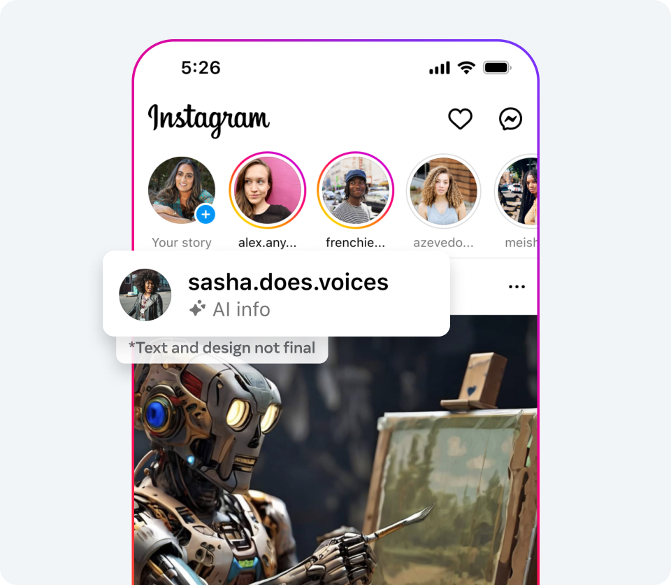 Instagram-Mockup mit dem Hinweis „AI info“ auf einem Beitrag.