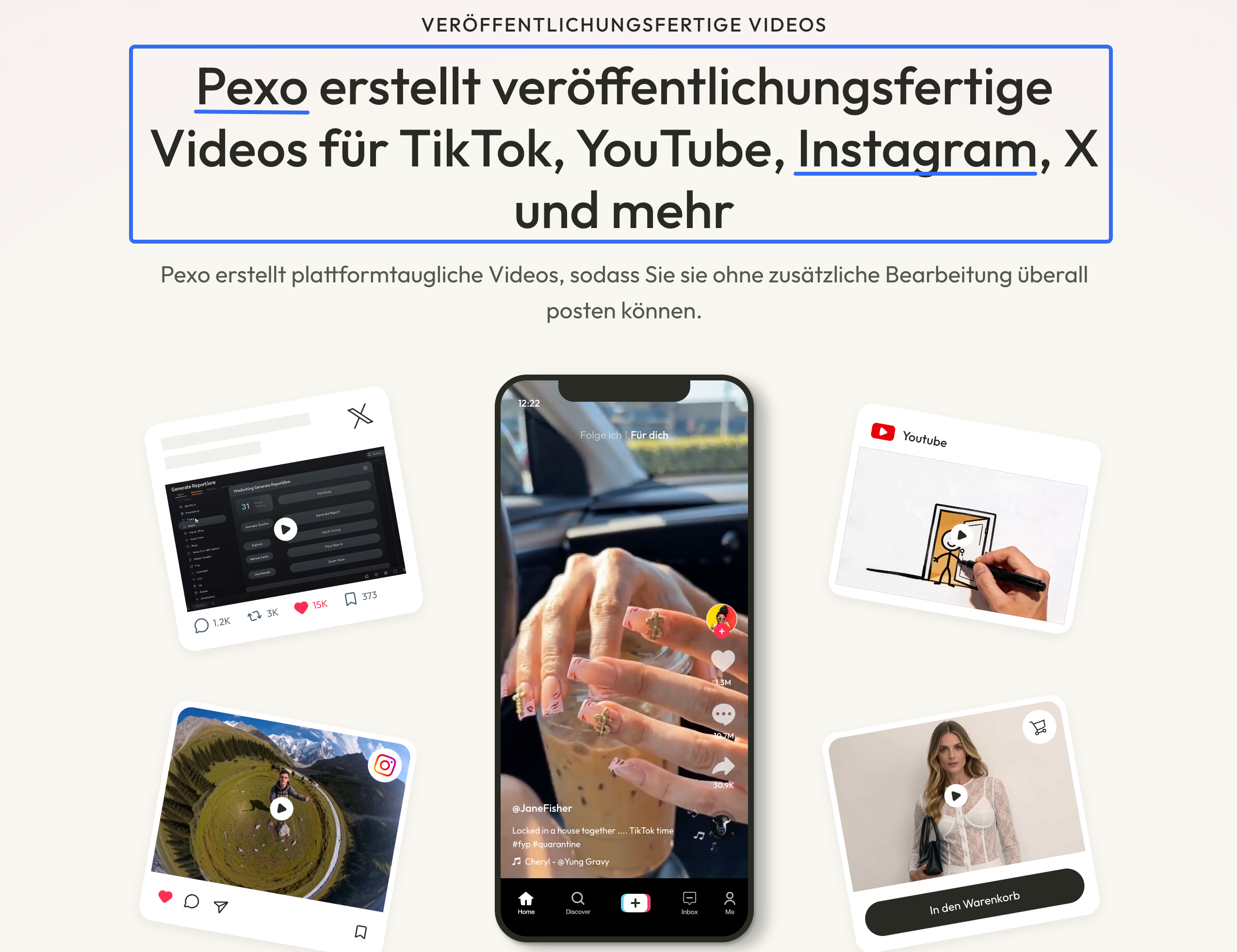 Pexo-Webseite über veröffentlichungsfertige Videos für TikTok, YouTube, Instagram und weitere Plattformen.
