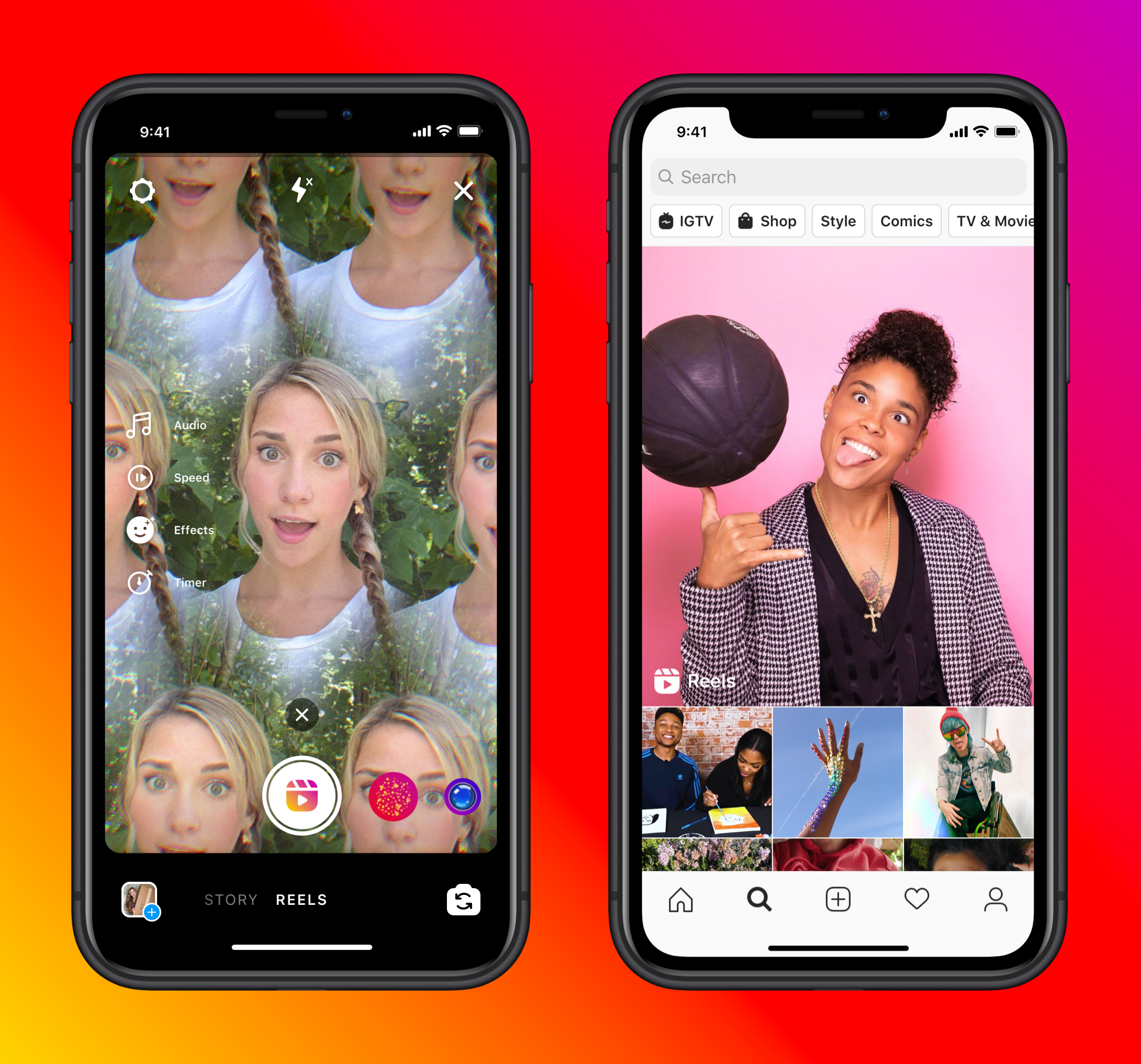 Zwei Smartphone-Mockups mit einer Instagram-Reels-Aufnahme und der Reels-Entdecken-Ansicht.