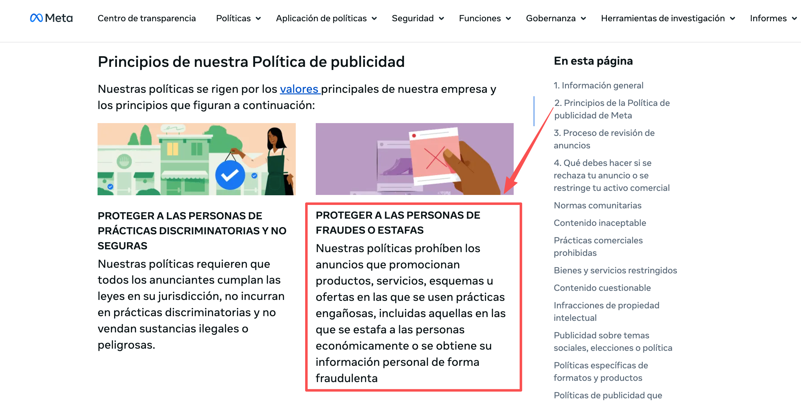 Captura del Centro de transparencia de Meta sobre sus principios de publicidad y la prevención de prácticas engañosas.