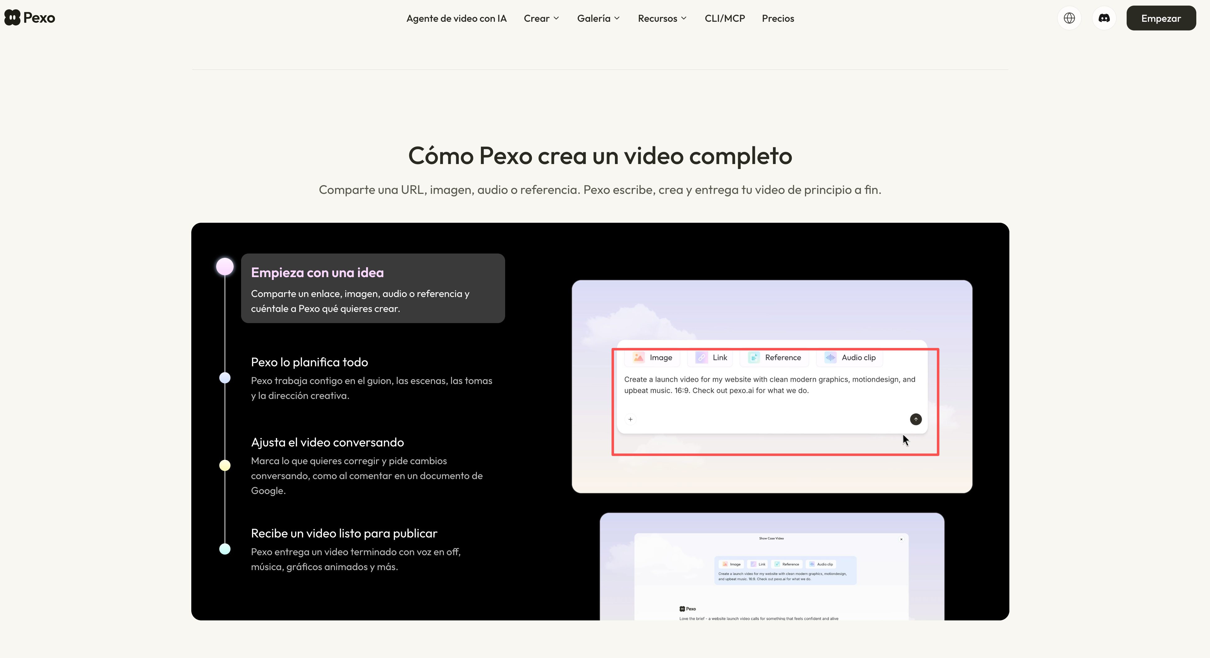 Captura de Pexo que presenta su proceso para crear un video a partir de un brief y hacer cambios por conversación.