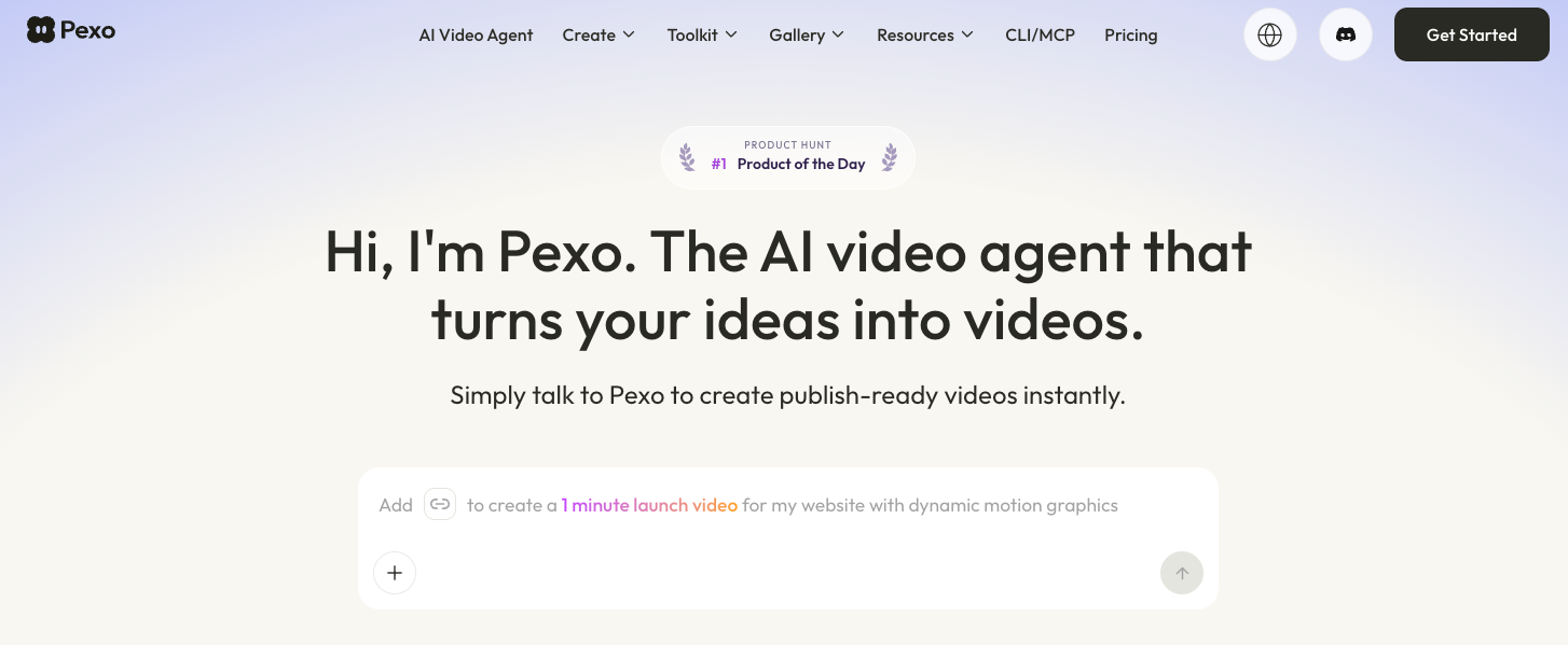 Pexo homepage introducing its AI video agent with a prompt input for a launch video