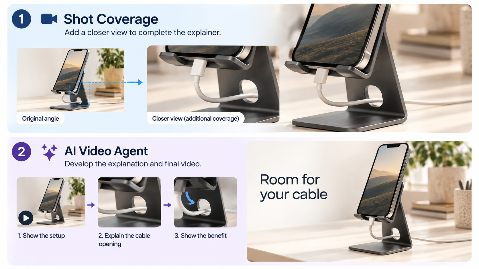Illustration comparing an additional close view of a phone stand's cable opening with an AI video agent's assembled explainer