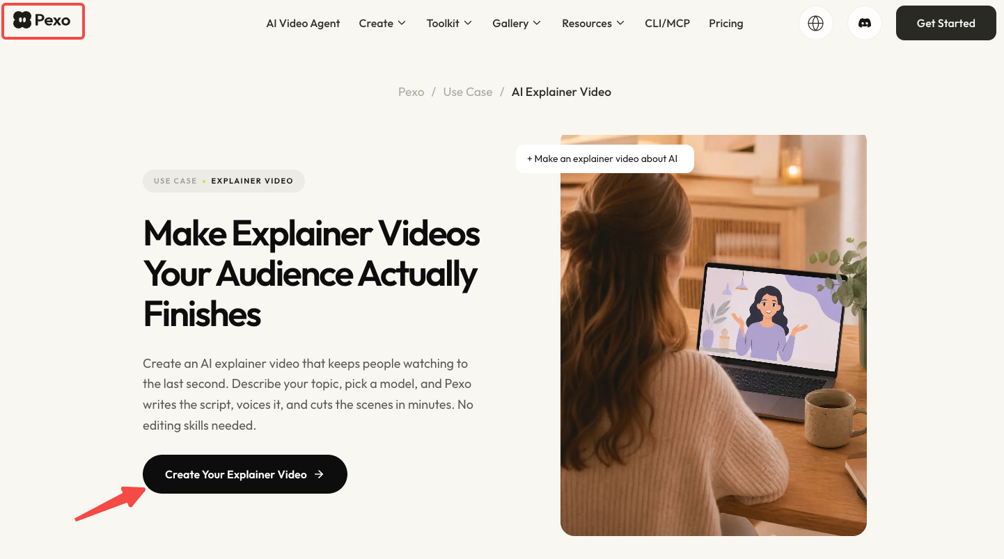 Pexo explainer video page with a Create Your Explainer Video button and a person watching an animated presenter