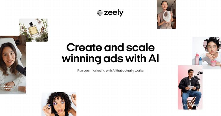 Zeely promotional page with creator-style video examples around its AI ads headline.